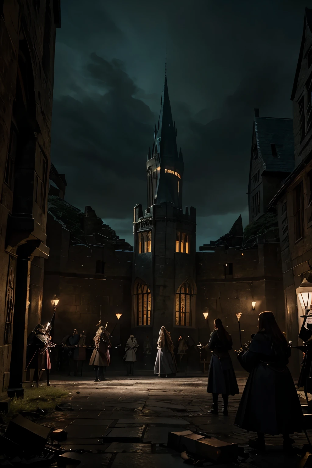 "Craft a scene depicting a grand battle set in the heart of a castle within the Harry Potter universe. Imagine a clash between powerful wizards and witches, magical creatures, and dark forces, all converging within the ancient halls and towering spires of the castle. Detail the chaos and intensity of the battle as spells fly, creatures roar, and heroes fight to defend their school or vanquish their enemies. Capture the atmosphere of suspense, bravery, and wizarding prowess as the fate of the wizarding world hangs in the balance amidst the crumbling stone walls and flickering torchlight."