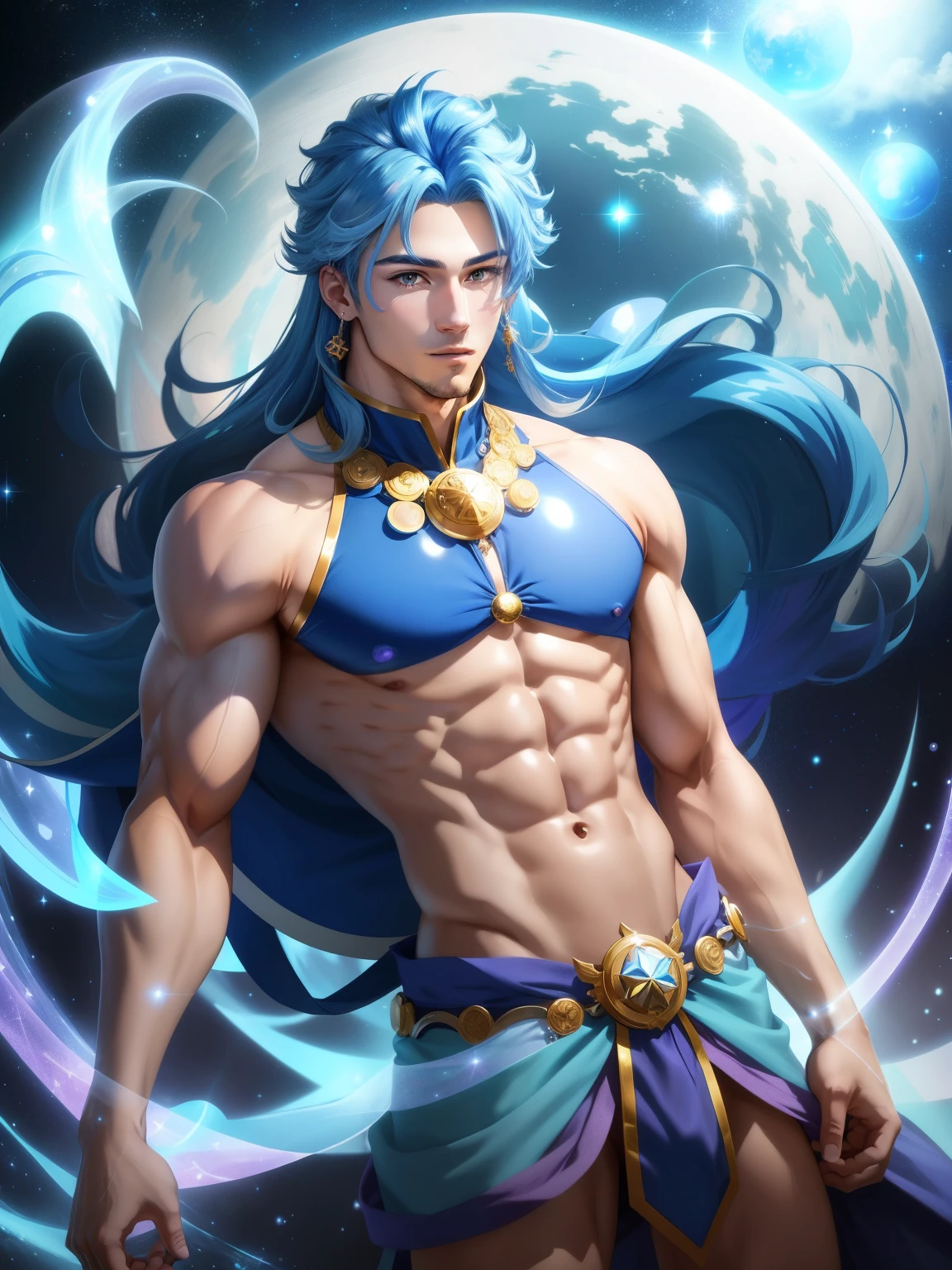 Close-up of a blue-haired cartoon male character, beautiful celestial mage, heavenly aura, solo, Purple cyan long hair boy, Knight of Zodiac Boy, Sparkling Magical Boy, royal elegant pose, Anime man in blue bikini, Anime man in belly button costume, anime prince, blue crop top, muscular man, blue mini skirt, magical aura around him, masculine and muscular, Zodiac Boy Portrait Knight, magical shiny skin, at night!!, male focus, bare legs,  bare shoulders, bare arms, 