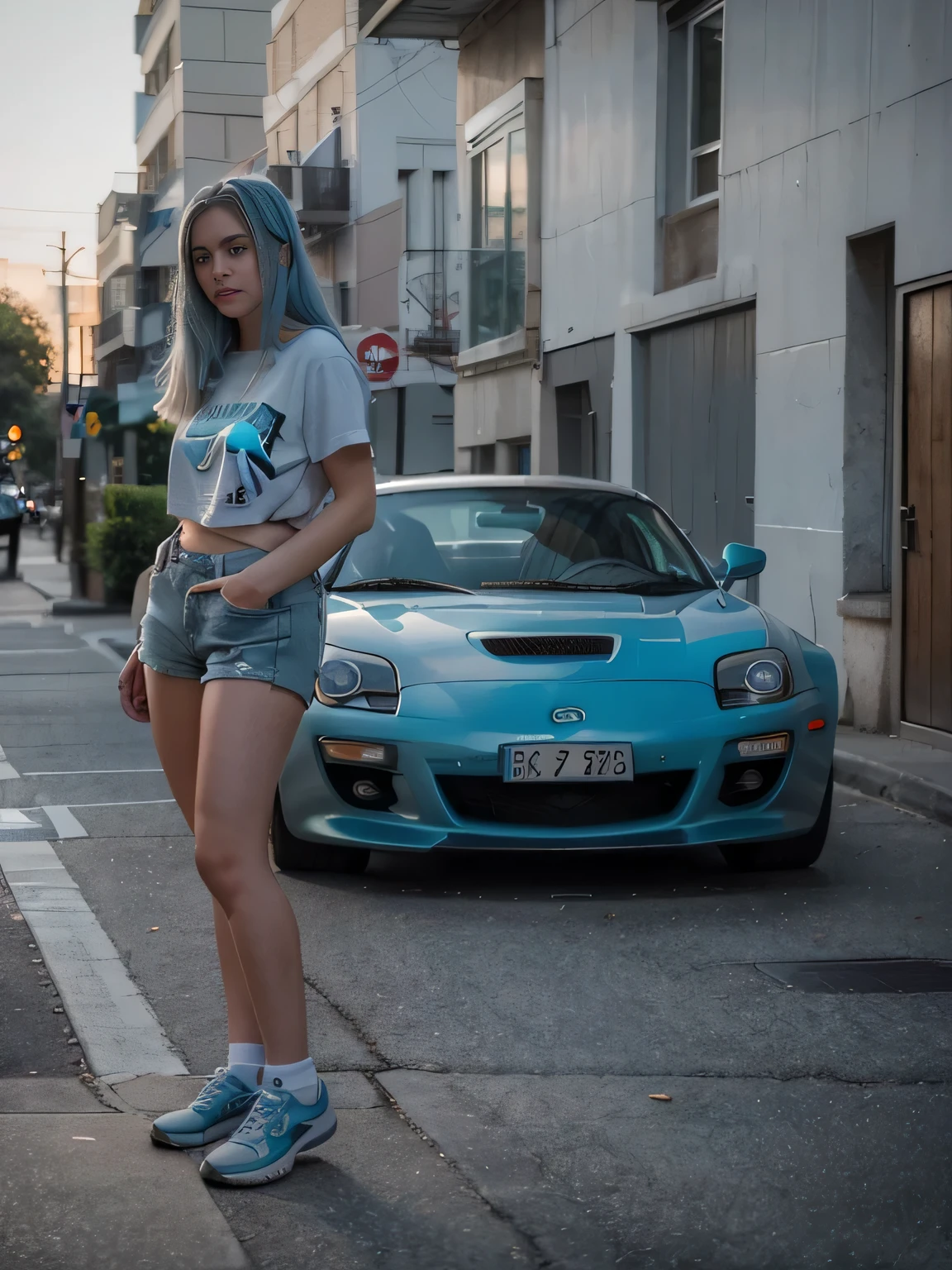 beautifully lit lifestyle photography {Young woman, light blue hair, Spanish, Girl wears vintage gray t-shirt.. I'm standing near a Mazda RX-7 car.}, Masterpiece, high quality, Shot on iPhone, featured on instagram,