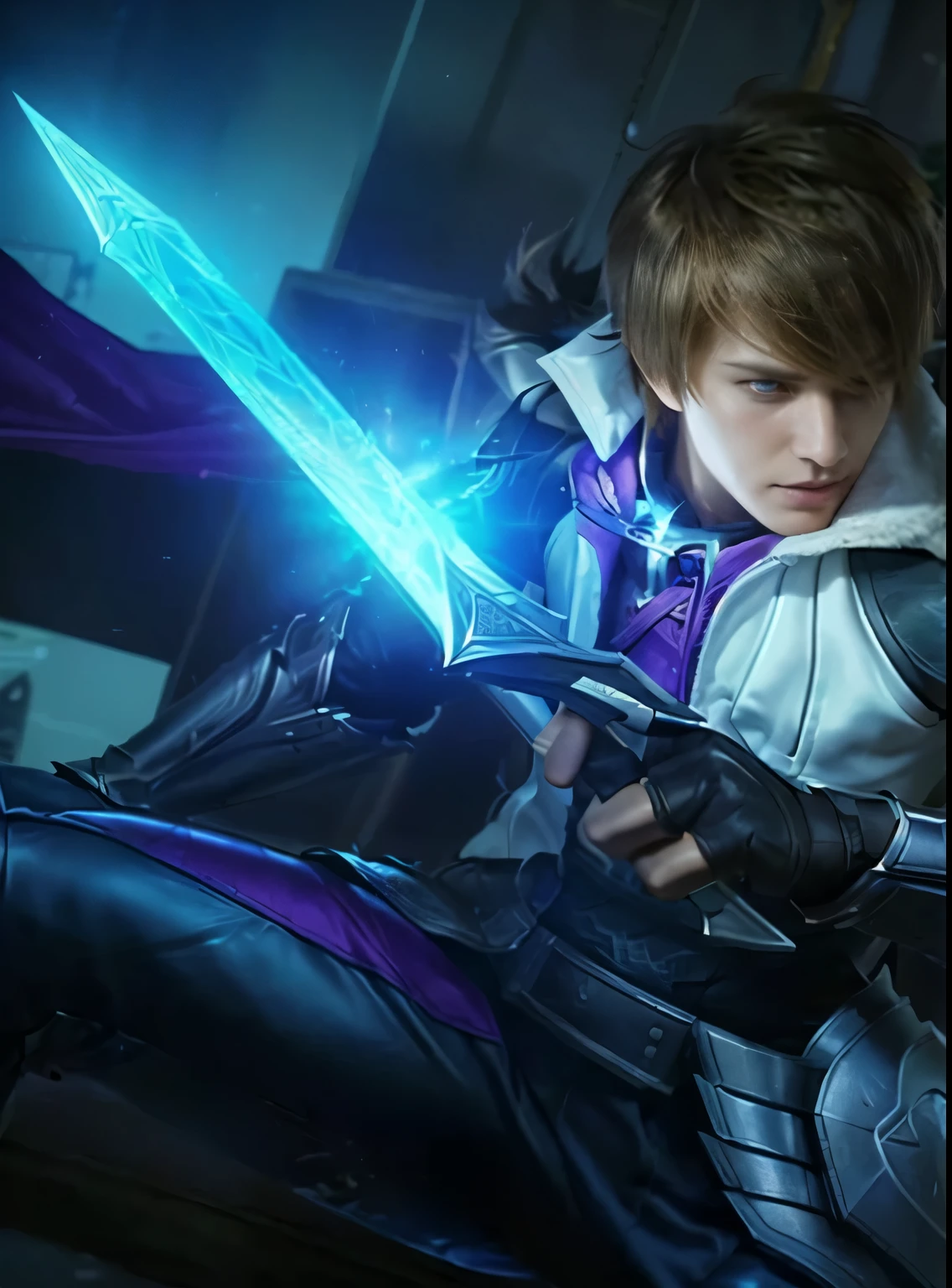 Extremely realistic, Ultra detailed, (A Man), 1boy, close up of a person holding a sword in a room, by Yang J, heise jinyao, by Ren Renfa, ezreal (league of legends, glaive, splash art, sakimichan, kda, mobile legends, sylas, leblanc, lance, league of legends character, sakimichan frank franzzeta, Realistic weapons, hyper realistic face, hyper realistic clothes and armor, ultra detailed hair, detailed background, hyper realistic background, (Hyper realistic body), (hyper realistic armor), (hyper realistic finger hand), Cinematic