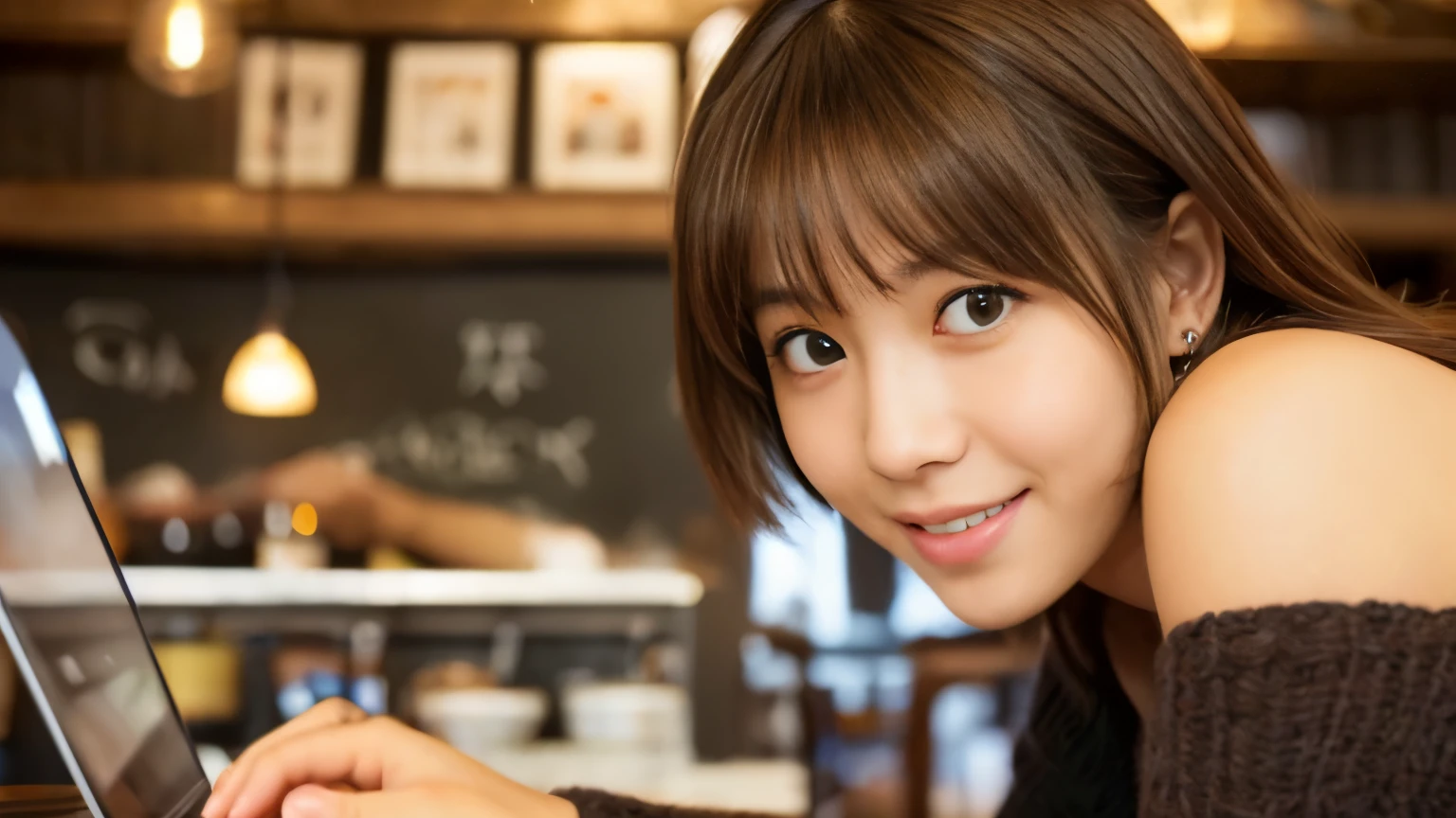 ((最high quality, 8k, masterpiece: 1.3)), perfect face,Inside a stylish cafe in New York、A scene in which a beautiful model-like woman with big breasts is drinking a latte and studying on a laptop.,everything around you, I can see other customers enjoying themselves too....。At the back of the cafe、Staff are busy working at the counter.、Feel the vibrancy and warmth of a city cafe.., sharp focus, 1 girl, sexy 1.2, brown hair, With bangs, (layered short hair), (big: 1.5), fine eyes, Beautiful eyes with long slits, double eyelid, (cat face), (cute Face), cute Smile, (close your mouth), (cute), soft skin, show the whole body, surreal, Super detailed, high quality, (カフェで勉強するショートヘアでbrown hairの美しい女子大生), ((詳細な非常にcute女子大生), ((big胸 It can be seen even through clothes)),Staring at your boyfriend