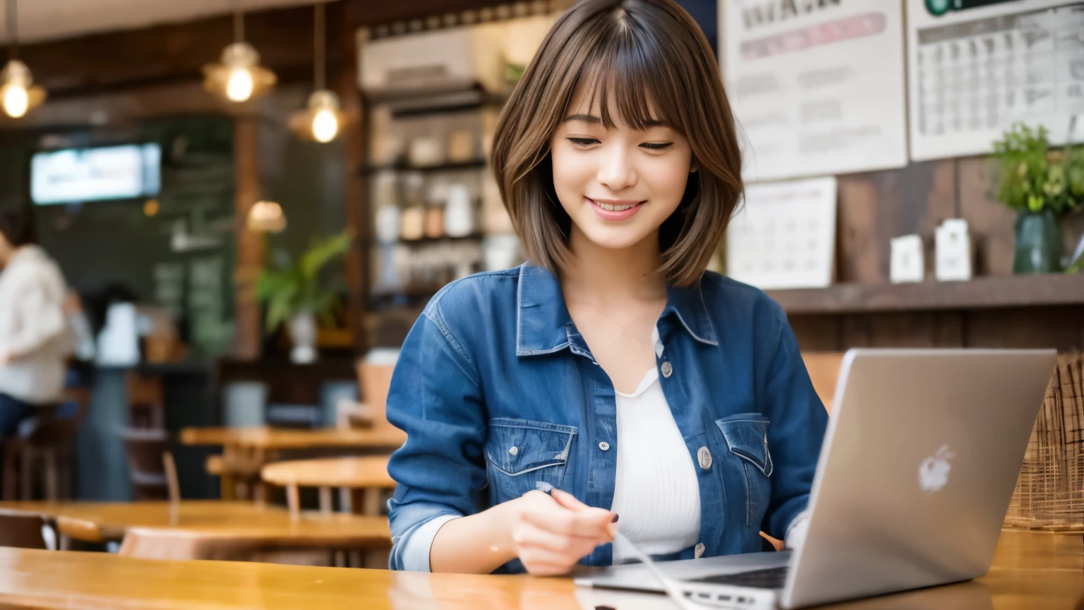 ((最high quality, 8k, masterpiece: 1.3)), perfect face,Inside the cafe where you can see the cherry blossoms、A scene in which a beautiful model-like woman with big breasts is drinking a latte and studying on a laptop.,everything around you, I can see other customers enjoying themselves too.....。At the back of the cafe、Staff are busy working at the counter.、Feel the liveliness of the cafe and the soothing beauty of cherry blossoms.., sharp focus, 1 girl, sexy 1.2, brown hair, With bangs, (layered short hair), (big: 1.5), fine eyes, Beautiful eyes with slit length, double eyelid, (cat face), (cute Face), cute Smile, (close your mouth), (cute), soft skin, show the whole body, surreal, Super detailed, high quality, (Beautiful female college student with short hair studying in a cafe), ((詳細な非常にcute女子大生), ((big胸 It can be seen even through clothes)),Staring at your boyfriend