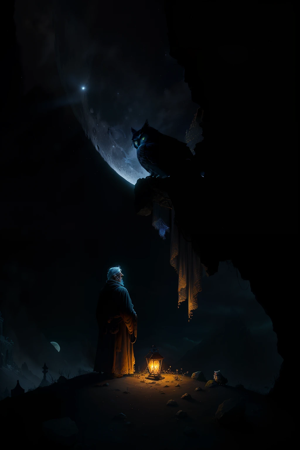 Picture a tranquil cemetery house situated at the edge of a moonlit landscape. An old man priest in traditional robes and a cowl stands before the entrance, his silver hair glistening under the gentle lunar glow. His wrinkled face bears the weight of wisdom and years of dedication to his sacred duties. The cemetery house, adorned with ancient symbols, stands tall and proud against the backdrop of the clear, star-filled sky. In his hands, he holds a lantern, its flickering light casting long, intricate shadows over his weathered features and the crumbling stones around him. The quiet ambiance is broken only by the distant hoot of an owl and the gentle rust