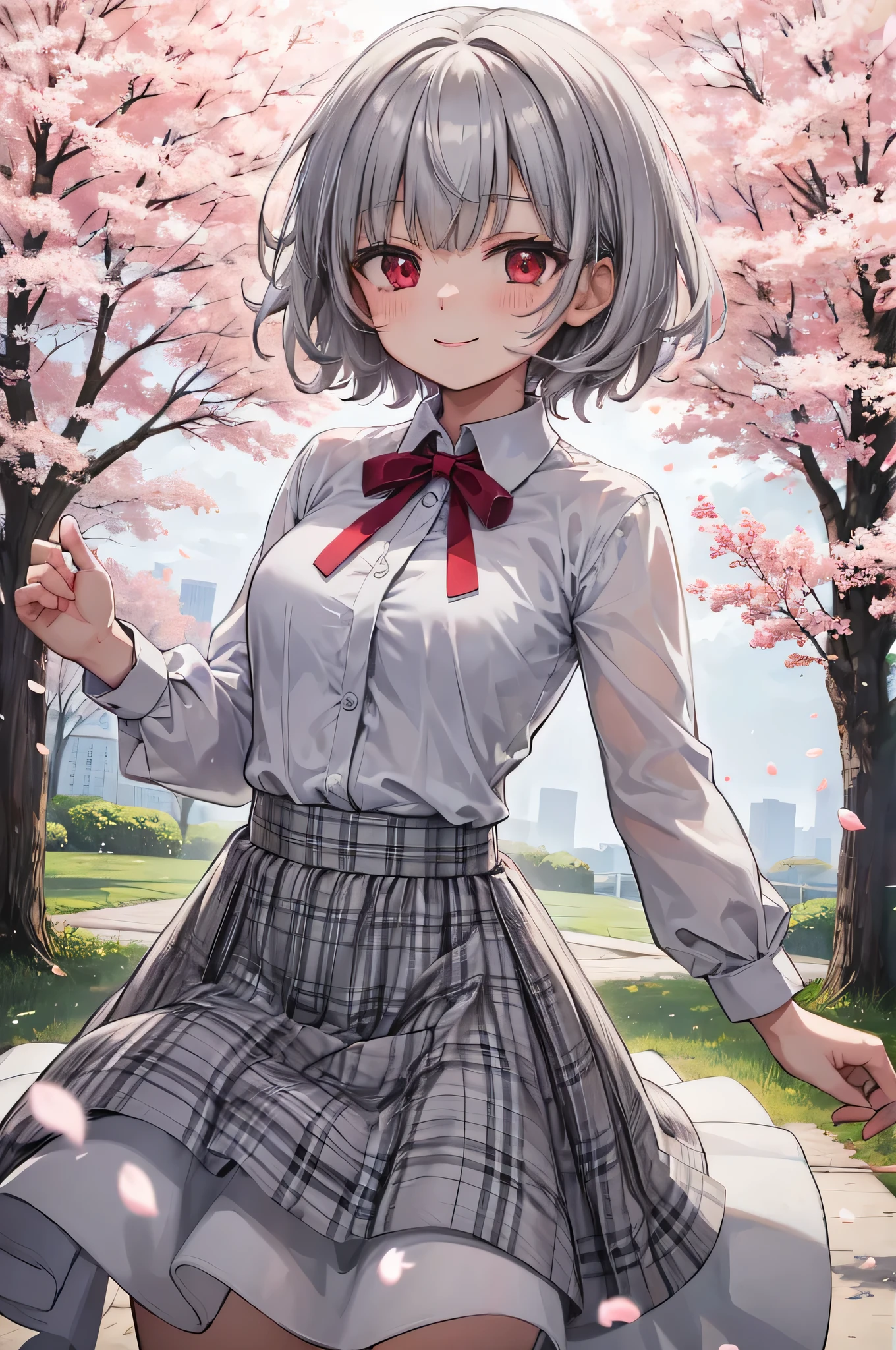 8K high quality gray hair short hair white dress shirt ribbon on chest plaid skirt cherry blossoms cherry blossomsの花びらが舞っている summer blue sky cute face smile cheeks are red eye highlights