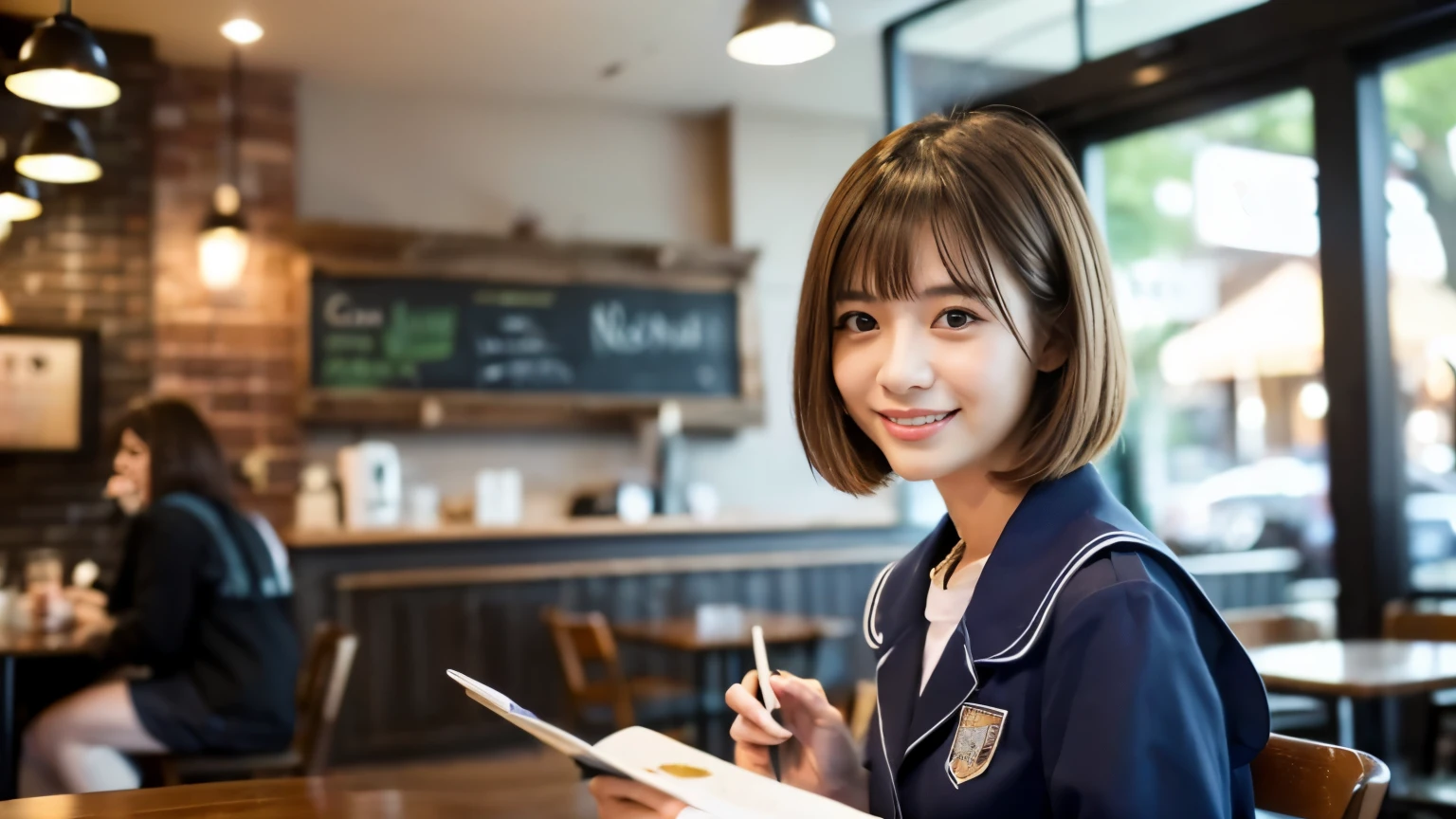 ((最high quality, 8k, masterpiece: 1.3)), perfect face,Inside a bright and lively cafe in New York、Draws a scene where a beautiful model-like woman is studying on a laptop.,All around you, you can see other customers enjoying their time.。At the back of the cafe、The staff are busy working at the counter.、You can feel the liveliness and warmth typical of urban cafes., sharp focus, 1 girl, slim beauty: 1.2, brown hair, With bangs, (layered short hair), (big: 1.5), fine eyes, Beautiful eyes with long slits, double eyelid, (cat face), (cute Face), cute Smile, (close your mouth), (cute), soft skin, Show the whole body, surreal, super detailed, high quality, (Beautiful female college student with short hair studying in a cafe), ((A considerate and kind-hearted female college student), ((big胸 that can be seen even from the top of the uniform)),The season is spring,