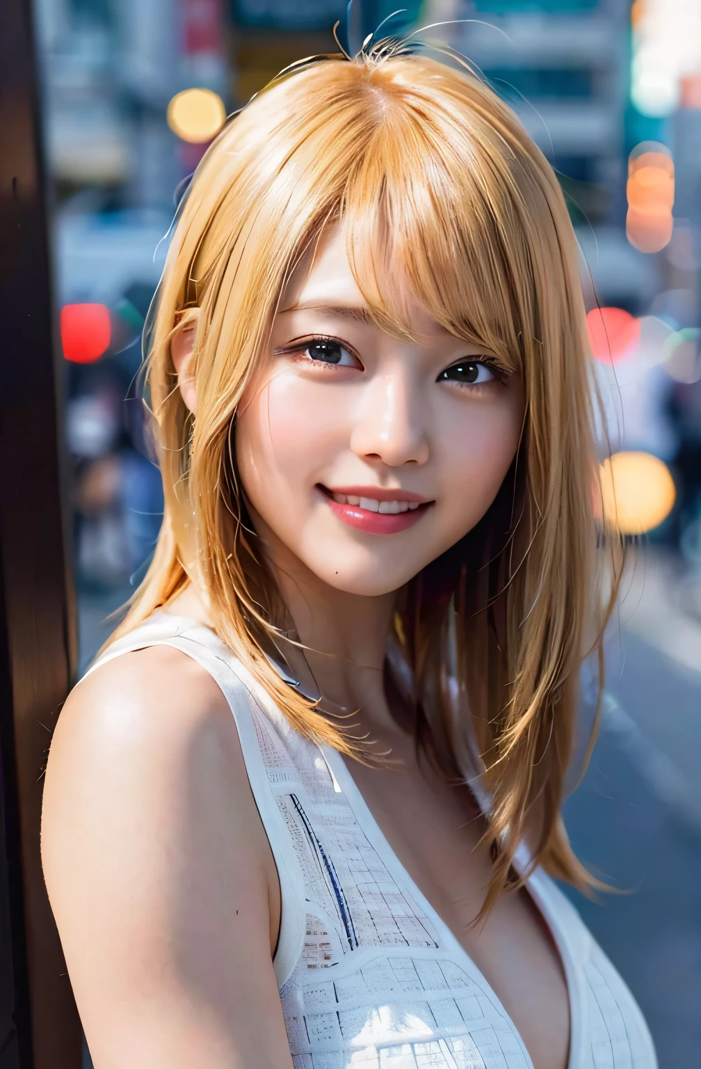 (highest quality,8k,High resolution,masterpiece:1.2),(realistic,photorealistic,photo-realistic:1.37),super detailed,slim waist,beautiful and detailed face,smile,narrowed eyes,delicate skin texture,floating hair,professional lighting,whole body,long hair,blonde hair,on the road,bob hairstyle,生き生きとしたsmile