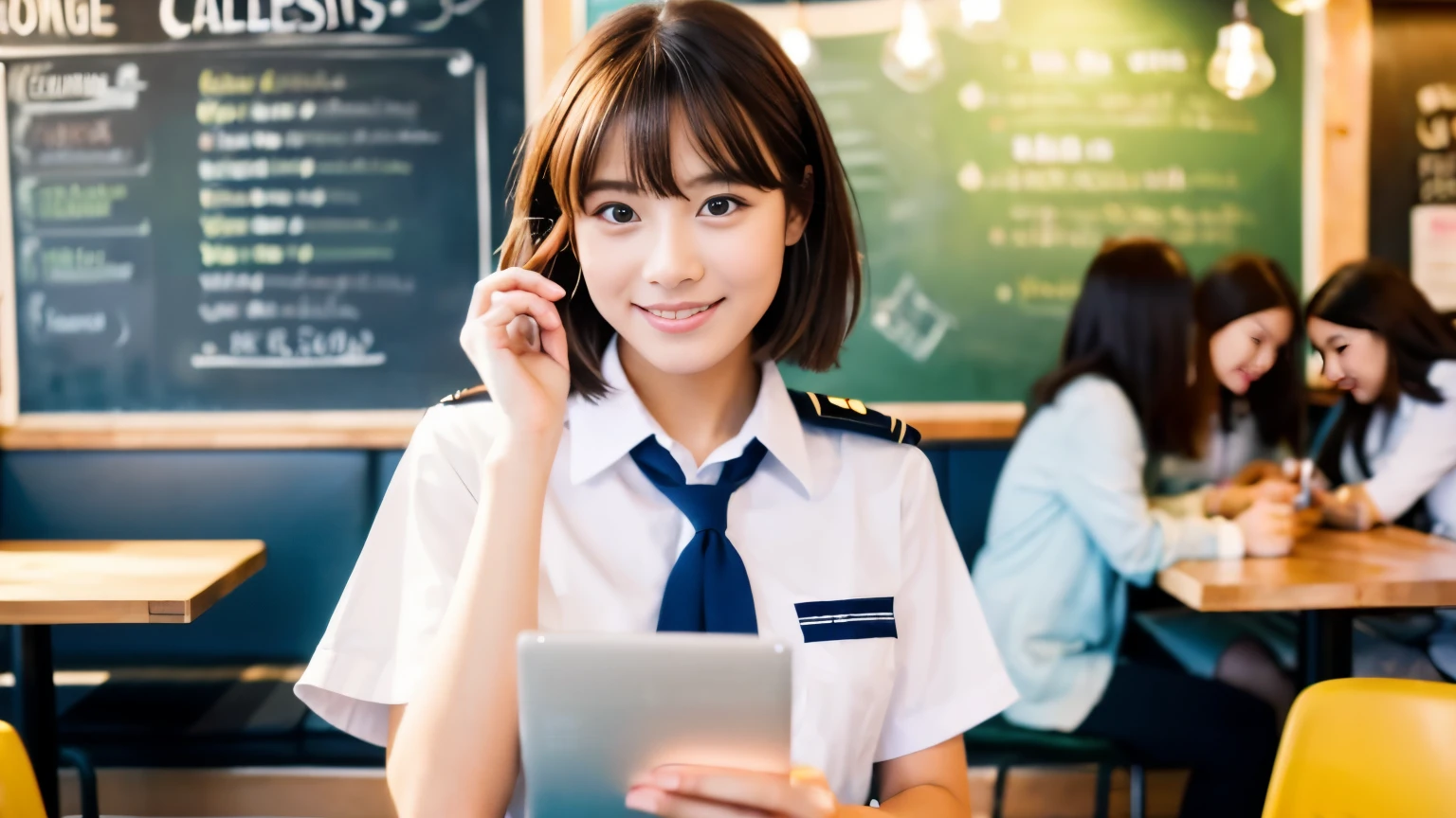 ((最high quality, 8k, masterpiece: 1.3)), perfect face,Inside a bright and lively cafe in New York、Draw a scene where a beautiful model-like woman is studying,All around you, you can see other customers enjoying their time.。At the back of the cafe、The staff are busy working at the counter.、You can feel the liveliness and warmth typical of urban cafes., sharp focus, 1 girl, slim beauty: 1.2, brown hair, With bangs, (layered short hair), (big: 1.5), fine eyes, Beautiful eyes with long slits, double eyelid, (cat face), (cute Face), cute Smile, (close your mouth), (cute), soft skin, Show the whole body, surreal, super detailed, high quality, (Beautiful female college student with short hair studying in a cafe), ((A considerate and kind-hearted female college student), ((big胸 that can be seen even from the top of the uniform)),The season is spring,Brightly colored spring outfits,