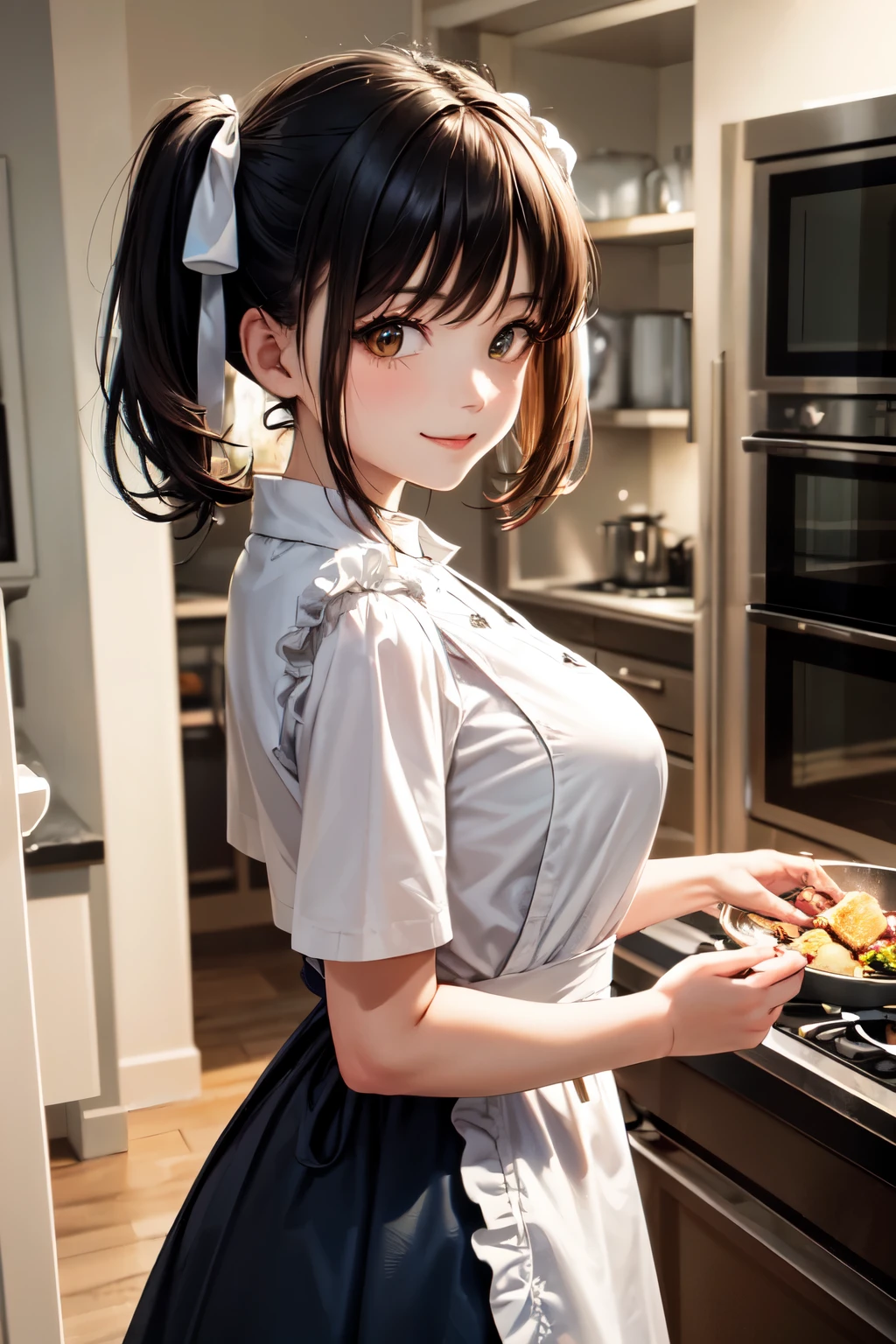 very cute and beautiful girl cooking in kitchen,teen,(highly detailed beautiful face),
standing,cowboy shot,yellow and white floral frilled apron on white blouse,blue skirt,
looking at viewer,(smile),black hair,low twintails,
(best quality,masterpiece:1.2),absurdres,highres,ultra-detailed,extremely detailed,32k,8k resolution,
intricate details,cinematic scene,detailed background,solo,dynamic angle,