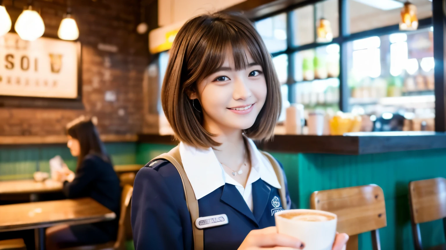 ((最high quality, 8k, masterpiece: 1.3)), perfect face,Inside a bright and lively cafe in New York、Draw a scene where a beautiful model-like woman is studying,All around you, you can see other customers enjoying their time.。At the back of the cafe、The staff are busy working at the counter.、You can feel the liveliness and warmth typical of urban cafes., sharp focus, 1 girl, slim beauty: 1.2, brown hair, With bangs, (layered short hair), (big: 1.5), fine eyes, Beautiful eyes with long slits, double eyelid, (cat face), (cute Face), cute Smile, (close your mouth), (cute), soft skin, Show the whole body, surreal, super detailed, high quality, (Beautiful female college student with short hair studying in a cafe), ((A considerate and kind-hearted female college student), ((big胸 that can be seen even from the top of the uniform)),The season is spring,Brightly colored spring outfits,