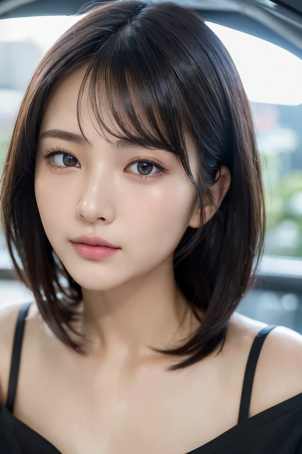 ((close-up photo of face:1.4))、, mix 4, (8k, original photo, highest quality, masterpiece: 1.45), (actual, lifelike: 1.37), thin japanese woman, One girl, attractive, City view, night, rain, Wet, professional lighting, photon mapping, radio city, Physically based rendering, gradient black hair, short curly hair, beautiful girl, girl, camisole, High resolution, 1080p, (clean face), (Detailed facial description), (Detailed explanation of hands), (Detailed CG), extreme light and shadow, messy hair, rich in details, (exquisite features), (highest quality photos), (beautiful eyes), look in front of you, thin clavicle,