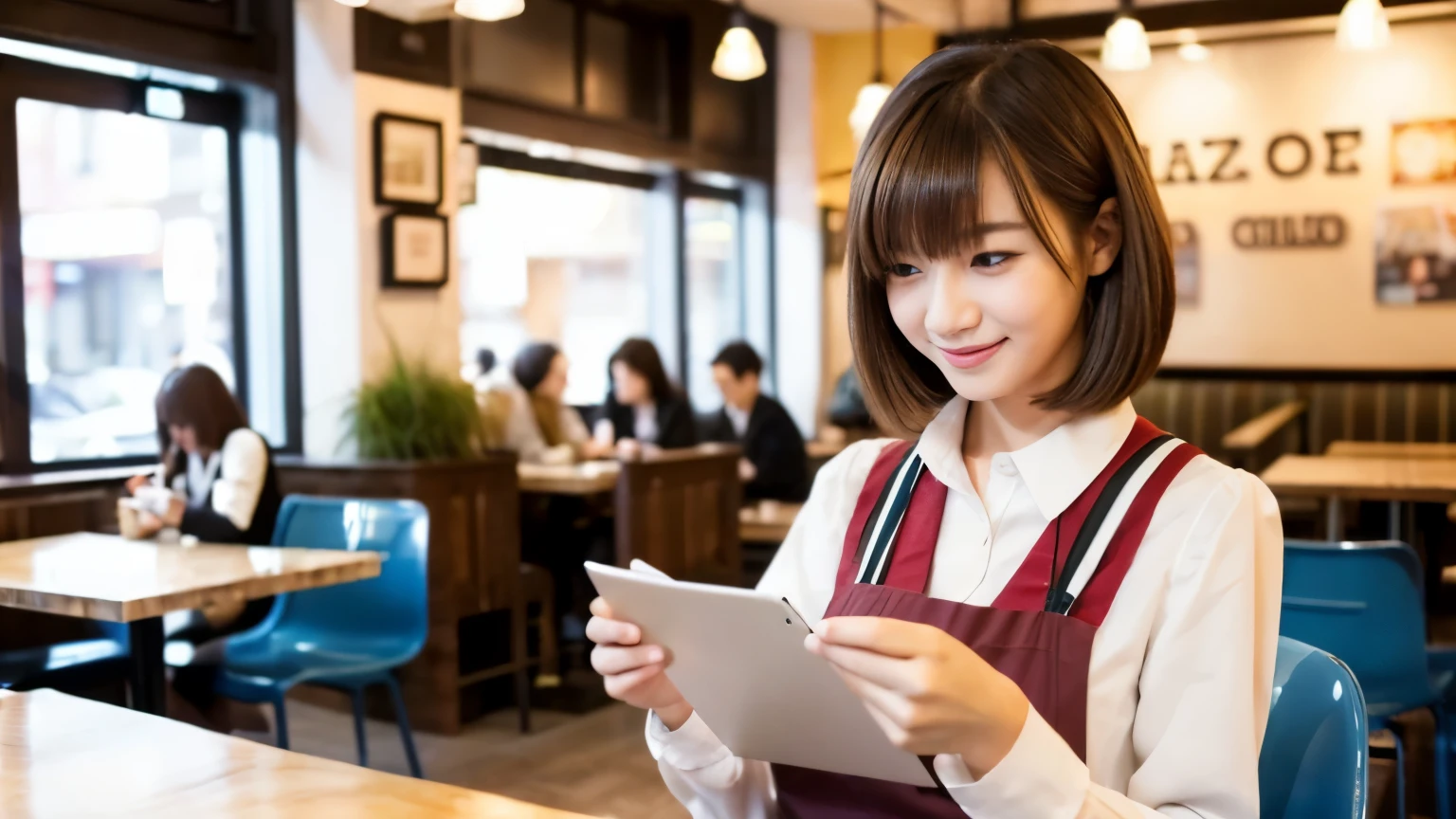 ((最high quality, 8k, masterpiece: 1.3)), perfect face,Inside a bright and lively cafe in New York、Draw a scene where a beautiful model-like woman is studying,All around you, you can see other customers enjoying their time.。At the back of the cafe、The staff are busy working at the counter.、You can feel the liveliness and warmth typical of urban cafes., sharp focus, 1 girl, slim beauty: 1.2, brown hair, With bangs, (layered short hair), (big: 1.5), fine eyes, Beautiful eyes with long slits, double eyelid, (cat face), (cute Face), cute Smile, (close your mouth), (cute), soft skin, Show the whole body, surreal, super detailed, high quality, (Beautiful female college student with short hair studying in a cafe), ((A considerate and kind-hearted female college student), ((big胸 that can be seen even from the top of the uniform)),The season is spring,Brightly colored spring outfits,