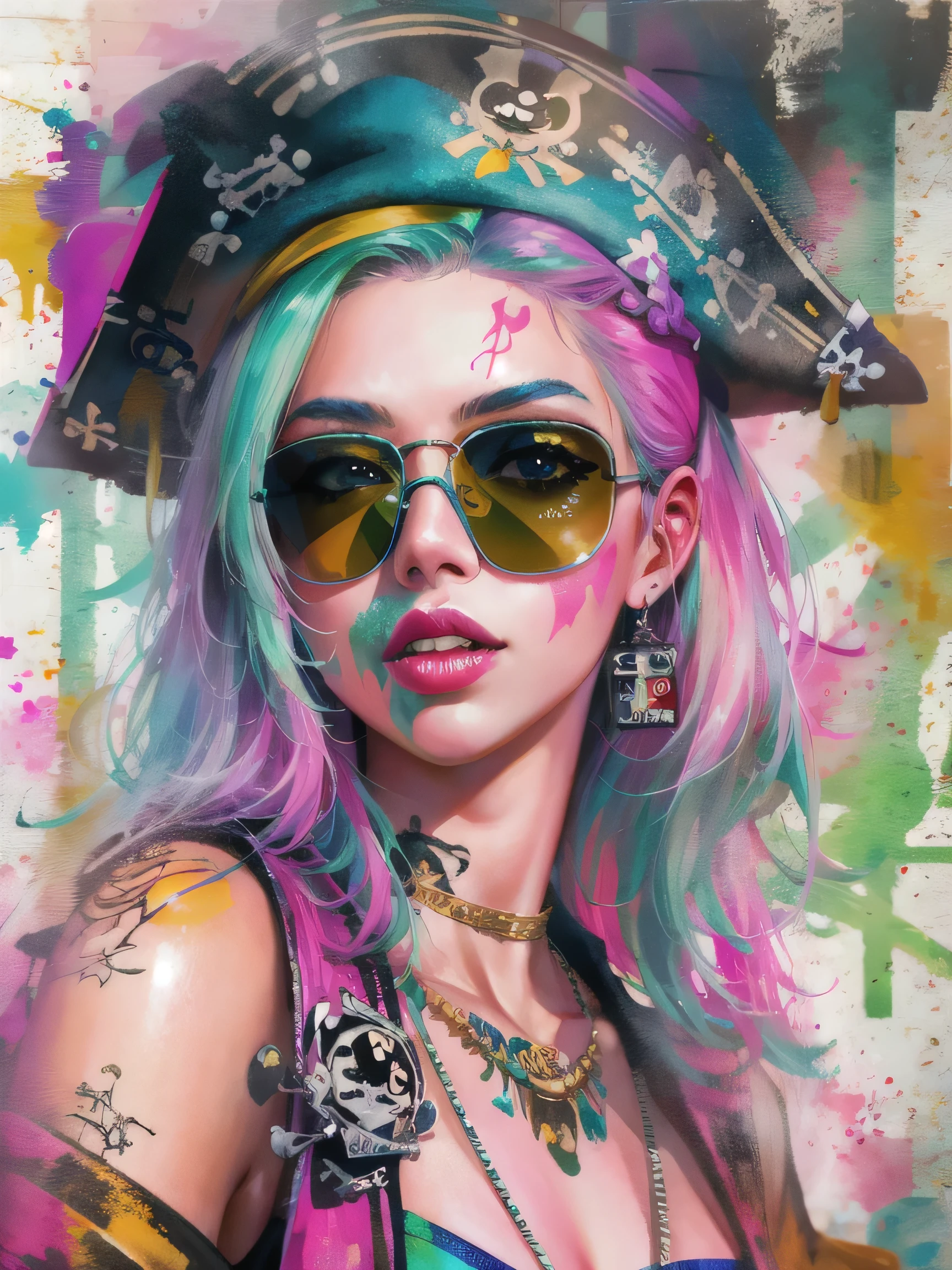 watercolor painting, 8K resolution、((highest quality))、((masterpiece))、((Super detailed))、(((most fashionable design)))、1 female、alone、incredibly absurd、 (((The most beautiful pirate girl of all time))), (((Stylish sunglasses))), lips in love, pirate bandana,neon、small breasts,、(((graffiti art))), colorful hair, provocative