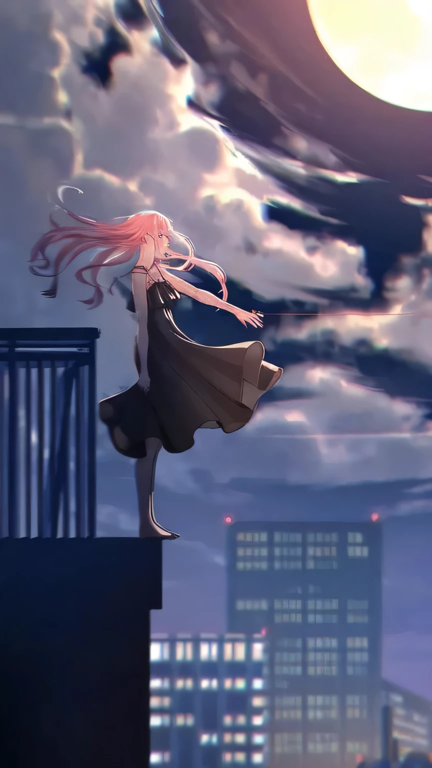 Anime girl standing on ledge in front of full moon, Ethereal animation, Atmospheric animation, Beautiful anime artwork, Beautiful anime scene, anime wallpaper, daytime Ethereal animation, anime atmosphere, Anime girl walking on water, she floats in the air, Beautiful anime art, standing on the roof, Beautiful anime, standing on the roof, anime long hair girl