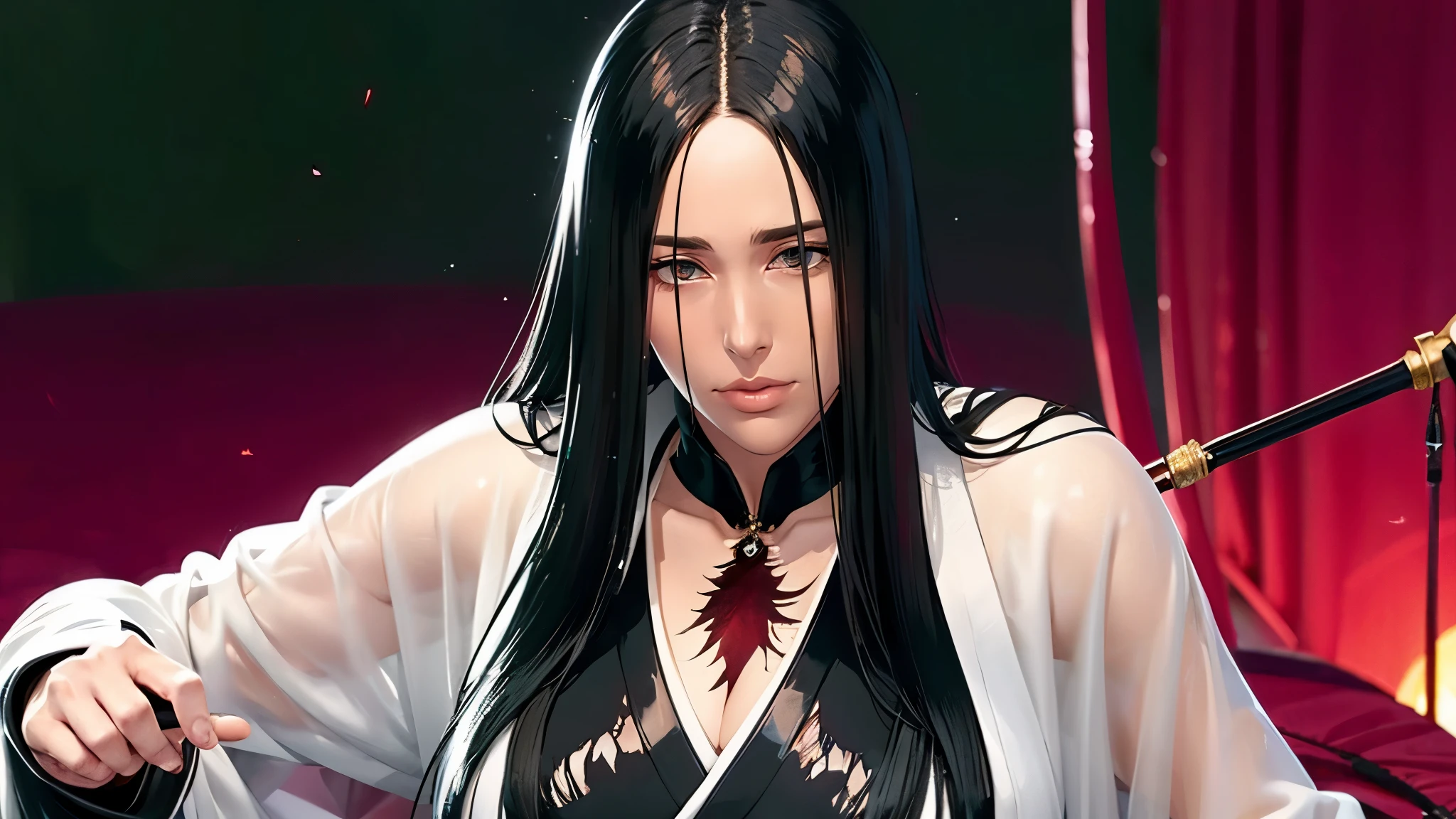 (((完美figure,figure,black Japanese clothing,feather woven, (((bleach,(((Scars on the chest))), red eyes,unohana))),S型figure:1.7))),((masterpiece)),high resolution, ((Best quality at best)),masterpiece,quality,Best quality,((( Exquisite facial features,looking at the audience,There is light in the eyes,Happy,nterlacing of light and shadow,huge ))),(((looking into camera,fighting stance,red background,Blood)))