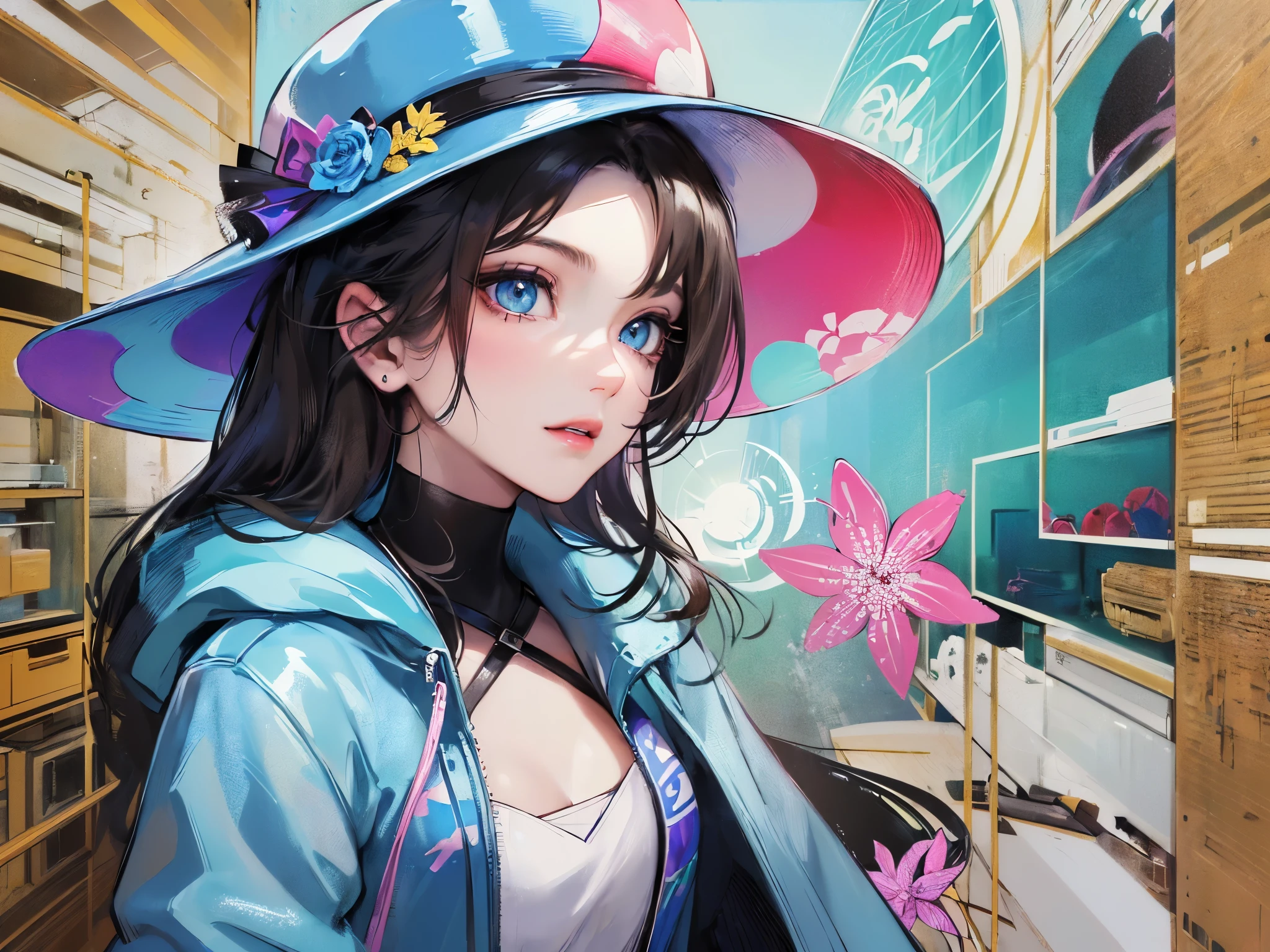 ((highest quality)),(ultra high resolution),(Super detailed),(detailed description),((best CG)),(best work of art),super precision art,amazing drawing art,(Art with precise details:1.5), (1 adult female:1.6),(beautiful and well-shaped face:1.5),smile:1.6,makeup:1.4,(A detailed coat:1.8),(Light blue eyes:1.6),(stylish hat:1.4), (Early spring with continued cold:1.5)
