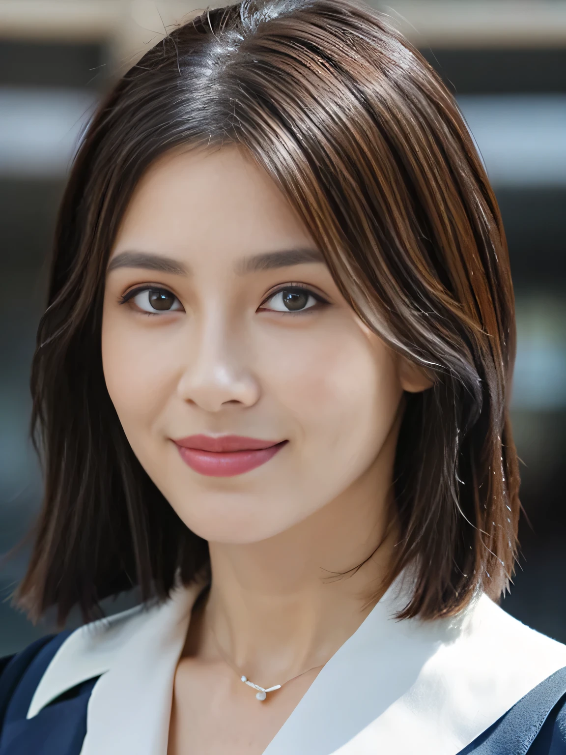 highest quality, realistically, Super detailed, High resolution, solid color background,8k wallpaper, 1 beautiful woman,short and thin hair, Please wear a flight attendant suit, lock focus, beautiful eyes, delicate hair, 细致realistically的皮肤纹理, smile, close-up portrait, model body shape、40 year old mature woman、((facing forward:1.3))、paris city center,((looking at camera:1.3))