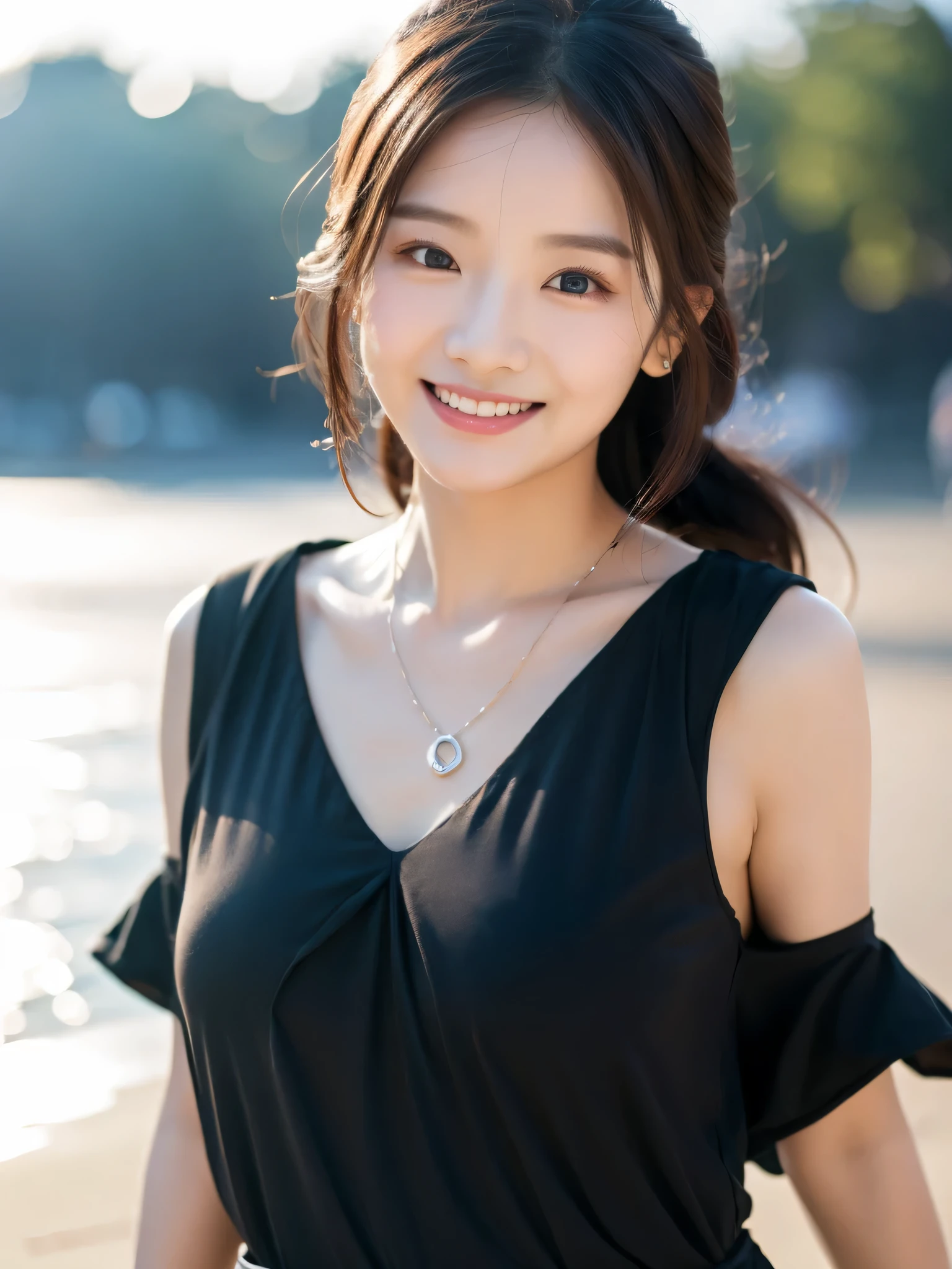 1 Attractive、((highest quality、8K masterpiece:1.3))、sharp focus:1.2、(super beautiful face:1.0)、(shiny skin:1.0)、realistic pictures、black haired、black eyse、video writing、High resolution eyes and face、video writing、(cute korean actress)、from the front、beautiful breasts、smile、The beauty of slender abs、whole body、Wearing a see-through T-shirt、on the beach at night