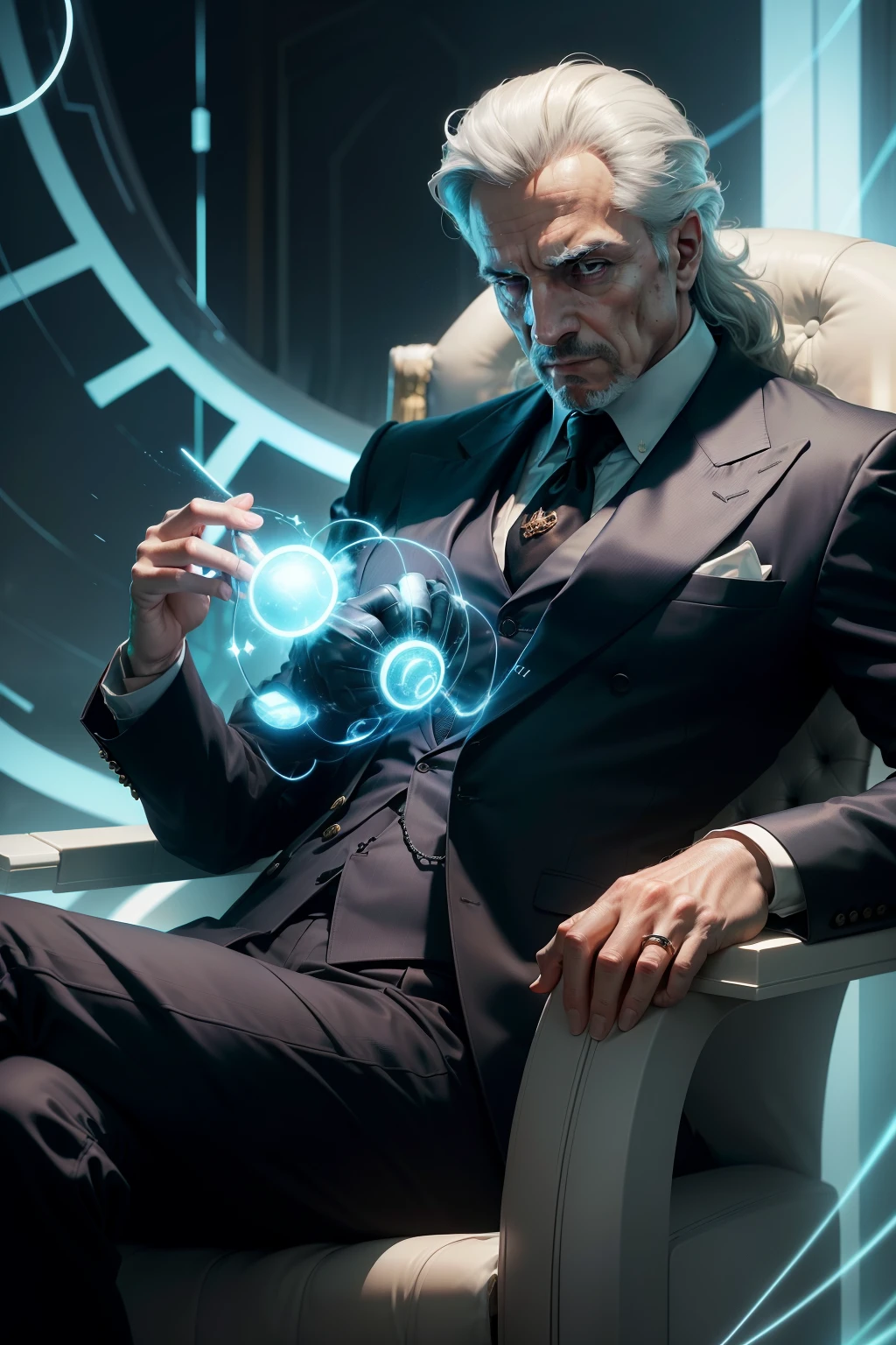 The Godfather is surrounded by an aura of power and intelligence, his expression stern and calculated. At his side, a sophisticated AI system glows with an ethereal light. Dressed in a well-tailored suit, The Godfather's presence exudes an air of control, as if he is the puppet master, pulling the strings behind the scenes of a complex web of events. The AI, with its advanced algorithms and neural network capabilities, serves as his trusted advisor, always one step ahead in analyzing data and making strategic decisions with unmatched precision and speed. Together, they form an unbeatable duo, their minds locked in a continuous dialogue to maintain their dominance and power.