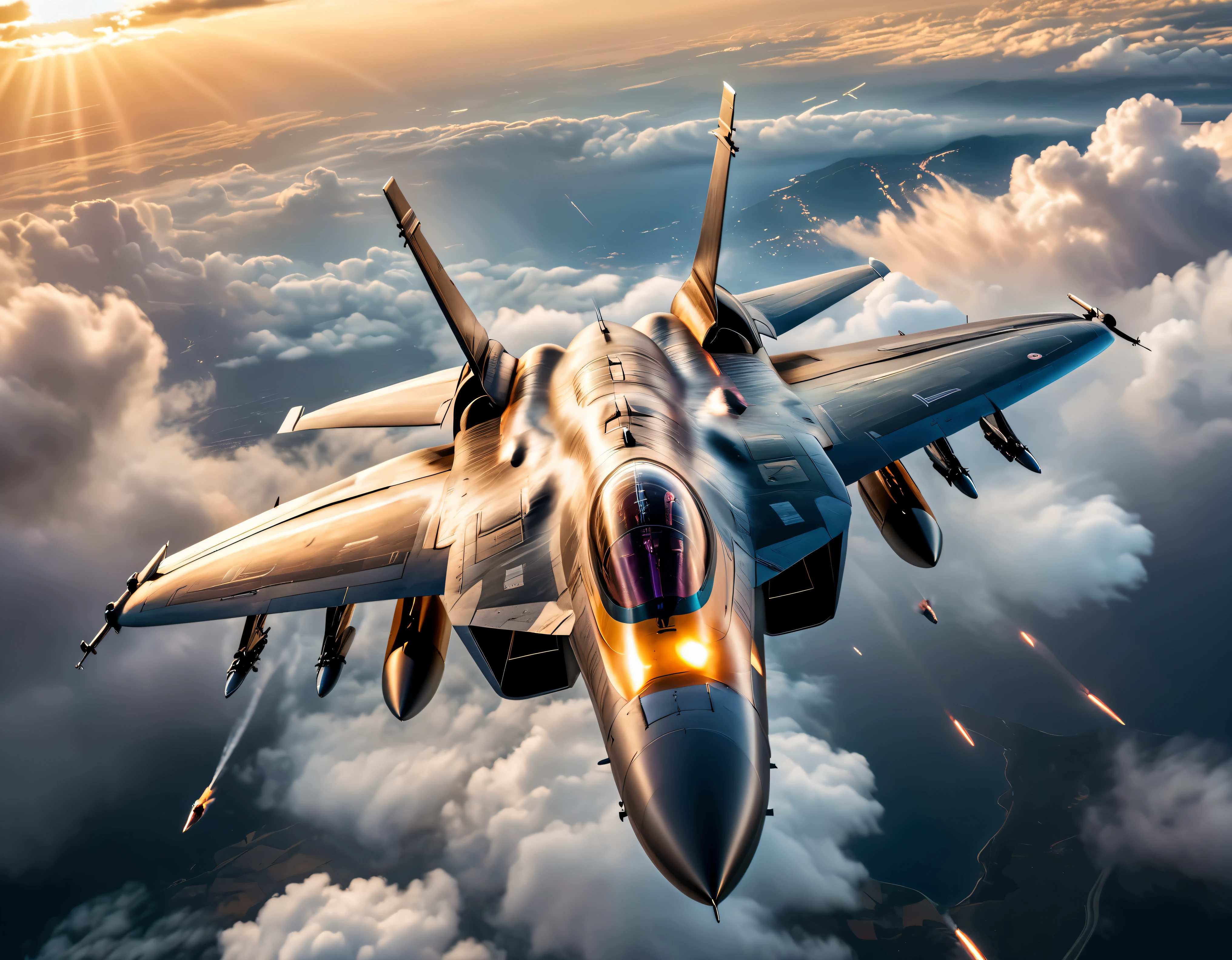 wide shot photo of Modern Fighter Jets in aerial fight, (Final Showdown scene), RAW, ((Fighter Jet):1.3), ((Missiles trails):1.1), ((Guns blazing):1.1), ((Majestic Decal):1.1), ((Tyndall Effect):1.5), ((Sunlight penetrating cloud)1.4), ((Golden Hour):1.2), (finely detailed airplane), (detailed airplane), (flying near clouds) (warm colors), breeze, breeze, reflection, (masterpiece), (perfect aspect ratio), (realistic photo), (best quality), (detailed) photographed on a Canon EOS R5, 50mm lens, F/2.8, HDR, (8k) (wallpaper) (cinematic lighting) (dramatic lighting) (sharp focus) (intricate).