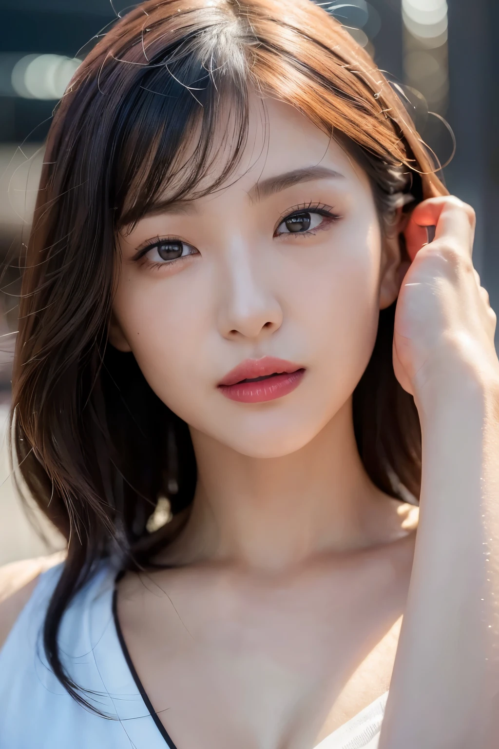 ((close-up photo of face:1.4))、red lipstick:1.3, mix 4, (8k, original photo, highest quality, masterpiece: 1.45), (actual, lifelike: 1.37), thin japanese woman, One girl, attractive, City view, night, rain, Wet, professional lighting, photon mapping, radio city, Physically based rendering, gradient black hair, short curly hair, good looking, girl, T-shirt, High resolution, 1080p, (clean face), (Detailed facial description), (Detailed explanation of hands), (Detailed CG), extreme light and shadow, messy hair, rich in details, (exquisite features), (highest quality photos), (beautiful eyes), look in front of you, thin clavicle,