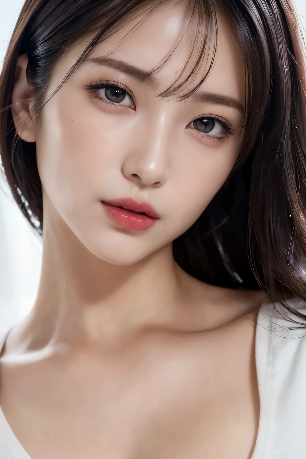 ((close-up photo of face:1.4))、red lipstick:1.3, mix 4, (8k, original photo, highest quality, masterpiece: 1.45), (actual, lifelike: 1.37), thin japanese woman, One girl, attractive, City view, night, rain, Wet, professional lighting, photon mapping, radio city, Physically based rendering, gradient black hair, short curly hair, good looking, girl, T-shirt, High resolution, 1080p, (clean face), (Detailed facial description), (Detailed explanation of hands), (Detailed CG), extreme light and shadow, messy hair, rich in details, (exquisite features), (highest quality photos), (beautiful eyes), look in front of you, thin clavicle,