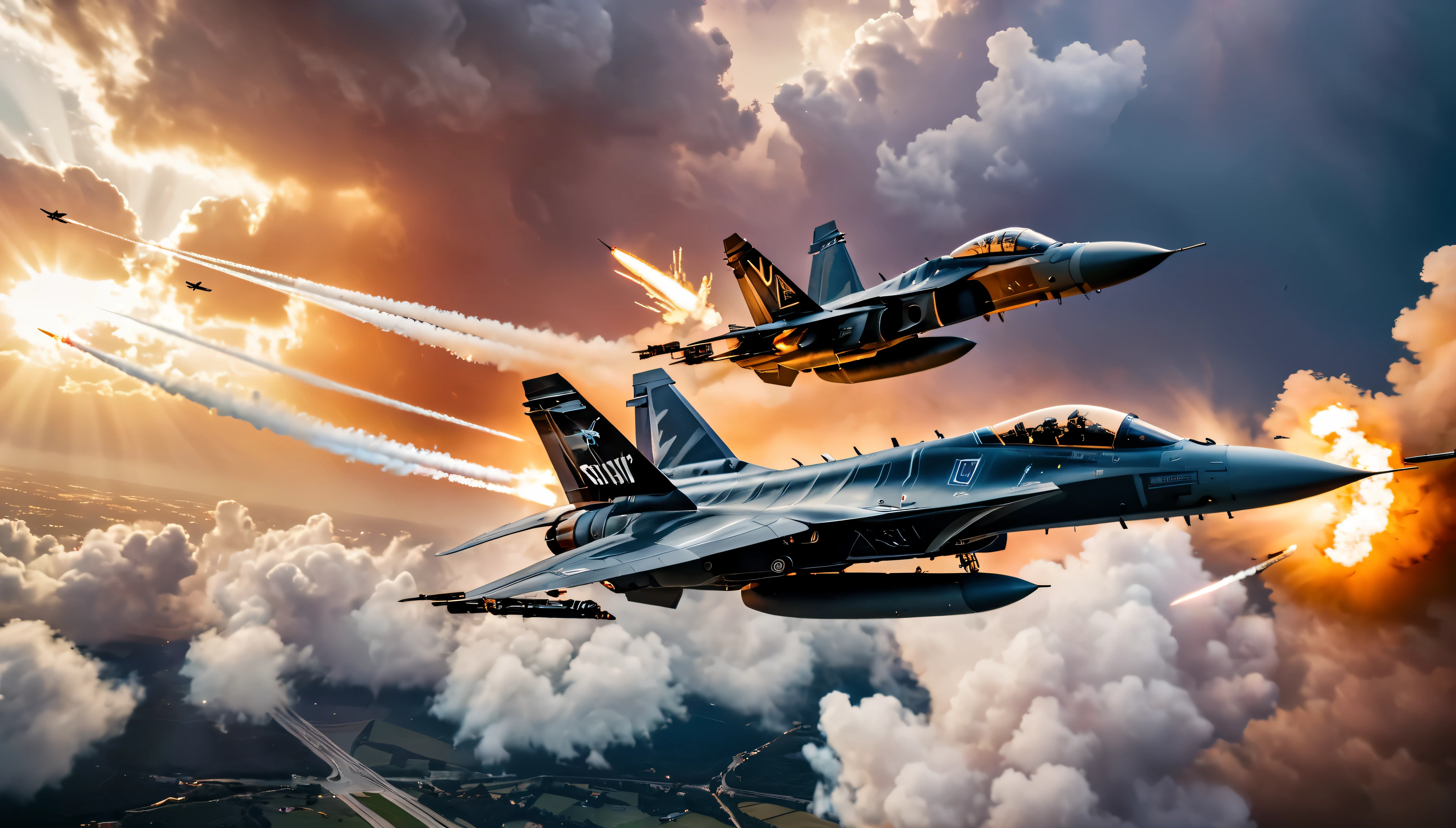 Title: "Aerial Showdown: Modern Fighter Jets Clash" | Generate a wide shot photo capturing a final showdown scene between modern fighter jets engaged in an intense aerial battle. | Ensure the image is RAW and meticulously detailed, with a focus on the fighter jets' intricate design and majestic decals. | Emphasize the realism of the scene, with fighter jets depicted in action, missiles trails, and guns blazing amidst warm colors and dramatic lighting. | Utilize the Tyndall Effect to convey the sunlight penetrating through clouds, adding depth and atmosphere to the composition. | Highlight the golden hour lighting to enhance the mood and intensity of the aerial confrontation. | Optimize the aspect ratio for a perfect fit, ensuring the image is a masterpiece suitable for wallpaper use. | Utilize a Canon EOS R5 with a 50mm lens at F/2.8 to capture the scene in high resolution (8k) with HDR. | Create cinematic lighting effects to add drama and realism, ensuring sharp focus and intricate details are preserved in the final image.