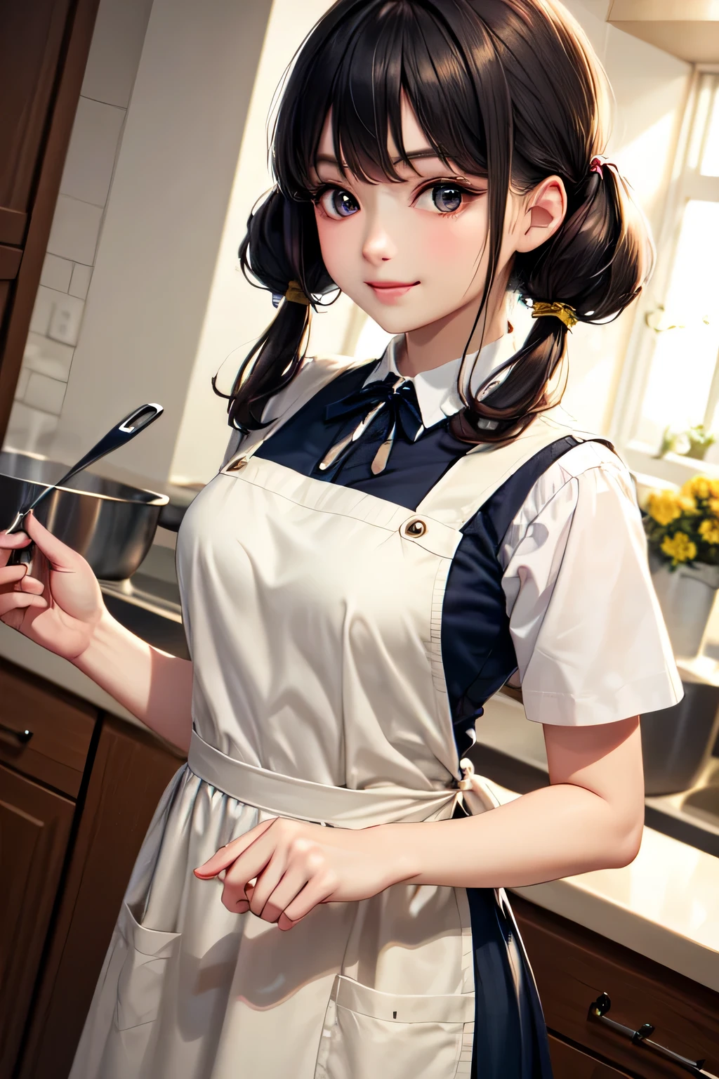 very cute and beautiful girl cooking in the kitchen,teen,(very detailed美しい顔),
Are standing,cowboy shot,White blouse with yellow and white floral frill apron,blue skirt,
looking at the viewer,(smile),black hair,low twin tails,
(highest quality,masterpiece:1.2),disorganized,High resolution,super detailed,very detailed,32K,8K resolution,
intricate details,movie-like scene,detailed background,alone,dynamic angle,