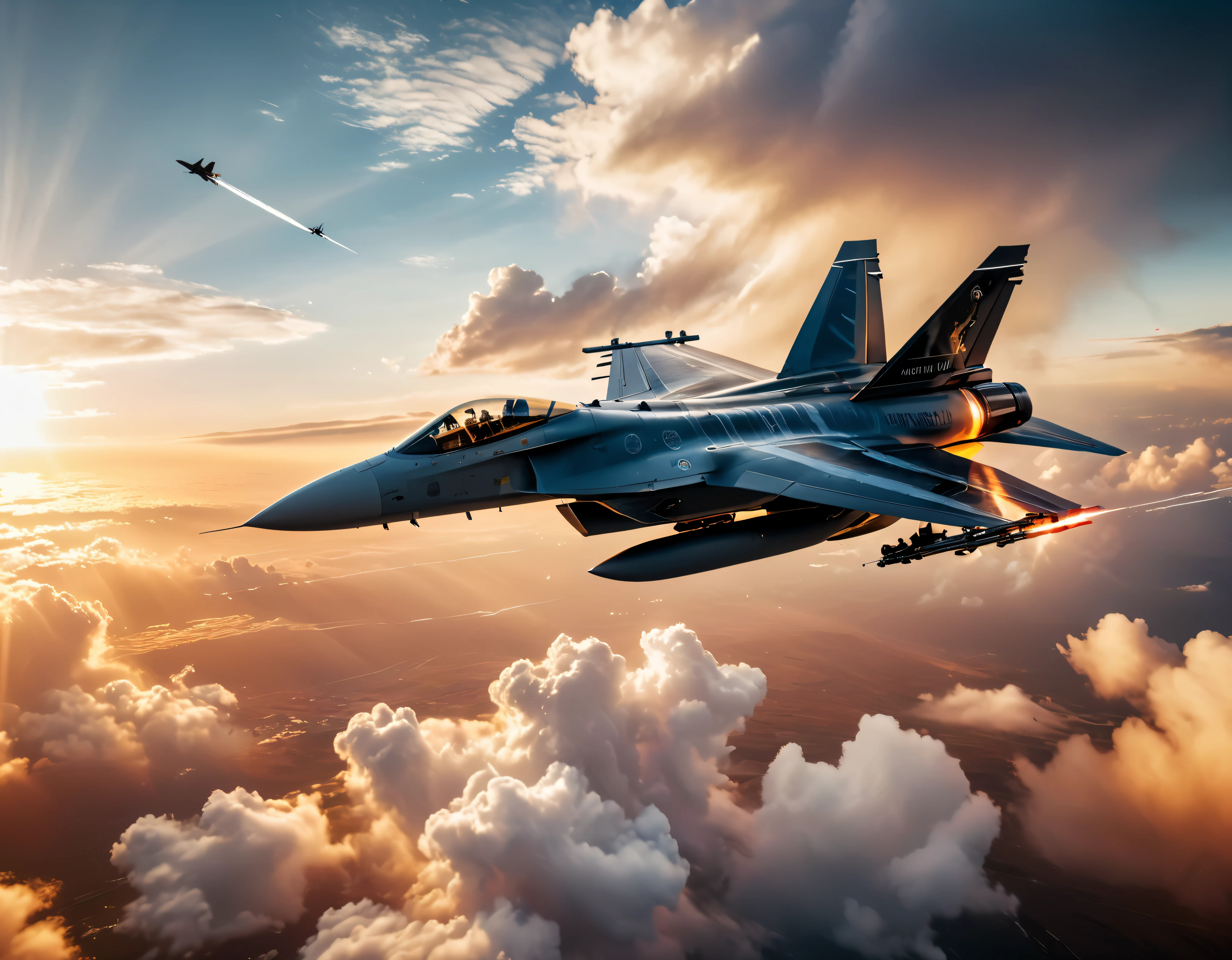 wide shot photo of Modern Fighter Jets in aerial fight, (Final Showdown scene), RAW, ((Fighter Jet):1.3), ((Missiles trails):1.1), ((Guns blazing):1.1), ((Majestic Decal):1.1), ((Tyndall Effect):1.5), ((Sunlight penetrating cloud)1.4), ((Golden Hour):1.2), (finely detailed airplane), (detailed airplane), (flying near clouds) (warm colors), breeze, breeze, reflection, (masterpiece), (perfect aspect ratio), (realistic photo), (best quality), (detailed) photographed on a Canon EOS R5, 50mm lens, F/2.8, HDR, (8k) (wallpaper) (cinematic lighting) (dramatic lighting) (sharp focus) (intricate).