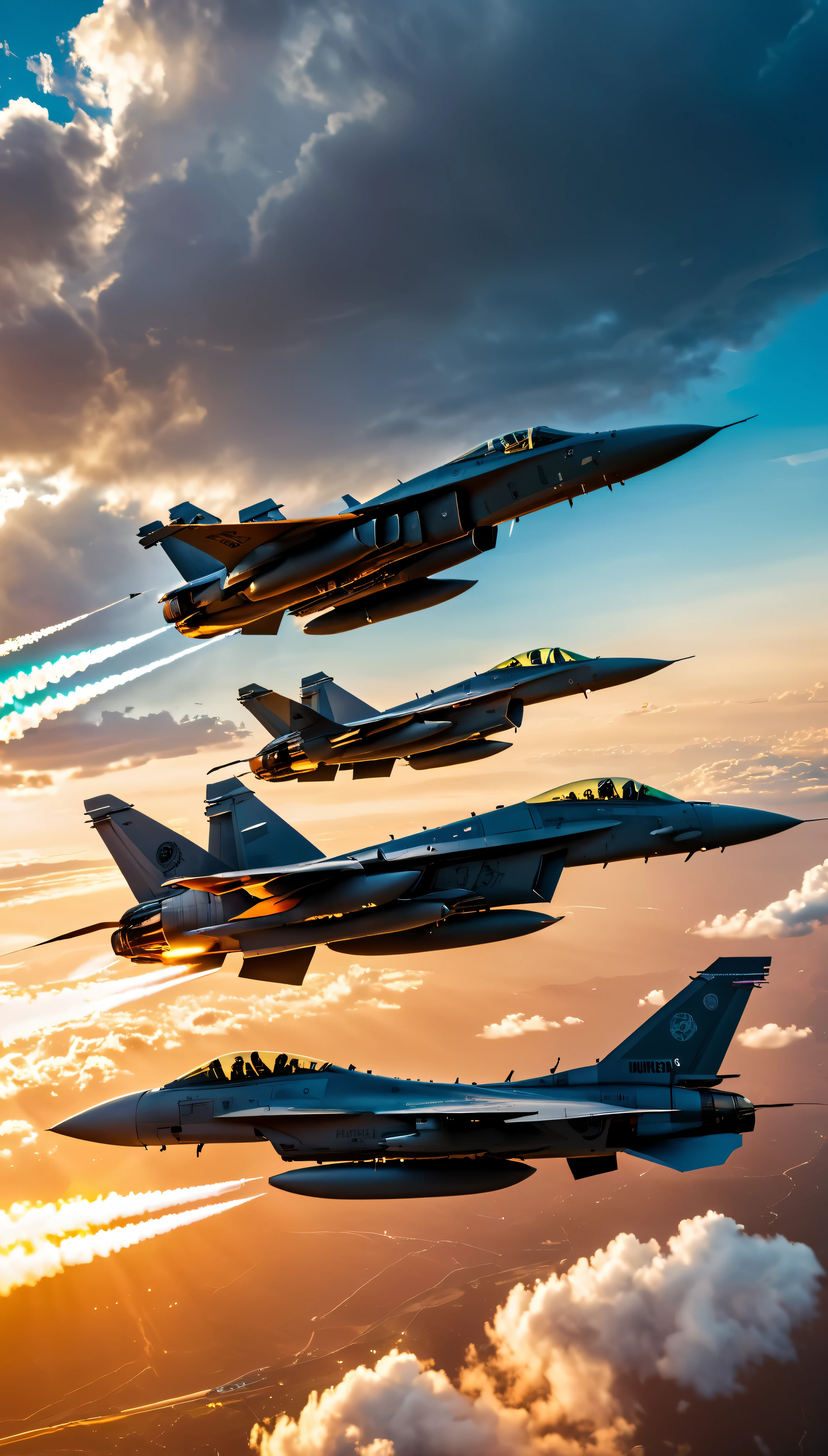 wide shot photo of Modern Fighter Jets in aerial fight, (Final Showdown scene), RAW, ((Fighter Jet):1.3), ((Missiles trails):1.1), ((Guns blazing):1.1), ((Majestic Decal):1.1), ((Tyndall Effect):1.5), ((Sunlight penetrating cloud)1.4), ((Golden Hour):1.2), (finely detailed airplane), (detailed airplane), (flying near clouds) (warm colors), breeze, breeze, reflection, (masterpiece), (perfect aspect ratio), (realistic photo), (best quality), (detailed) photographed on a Canon EOS R5, 50mm lens, F/2.8, HDR, (8k) (wallpaper) (cinematic lighting) (dramatic lighting) (sharp focus) (intricate).