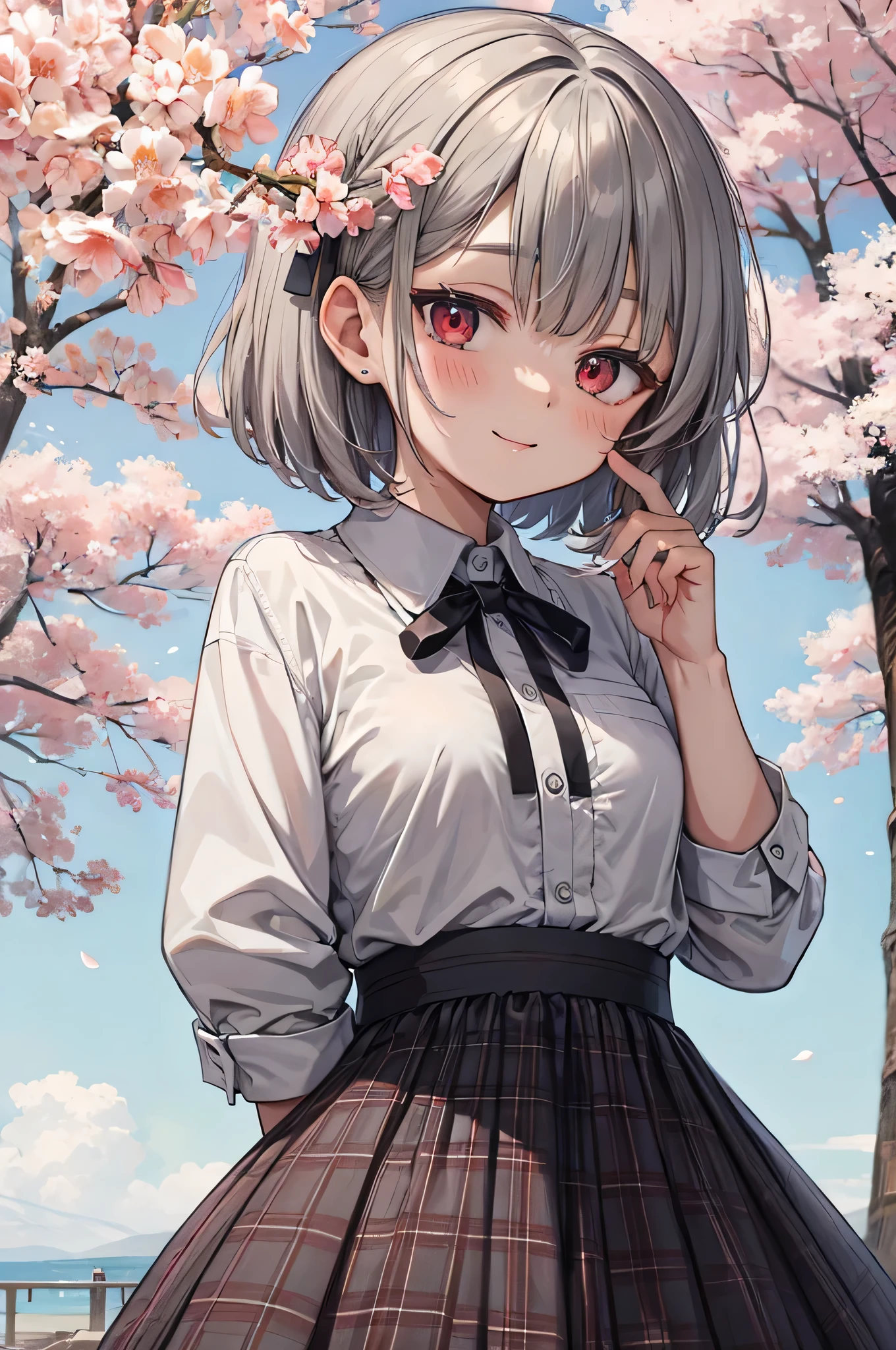 ８K　high quality　gray hair　short hair　white dress shirt　ribbon on chest　plaid skirt　cherry blossoms　cherry blossomsの花びらが舞っている　summer blue sky　cute face　smile　cheeks are red　eye highlights　looking at the viewer