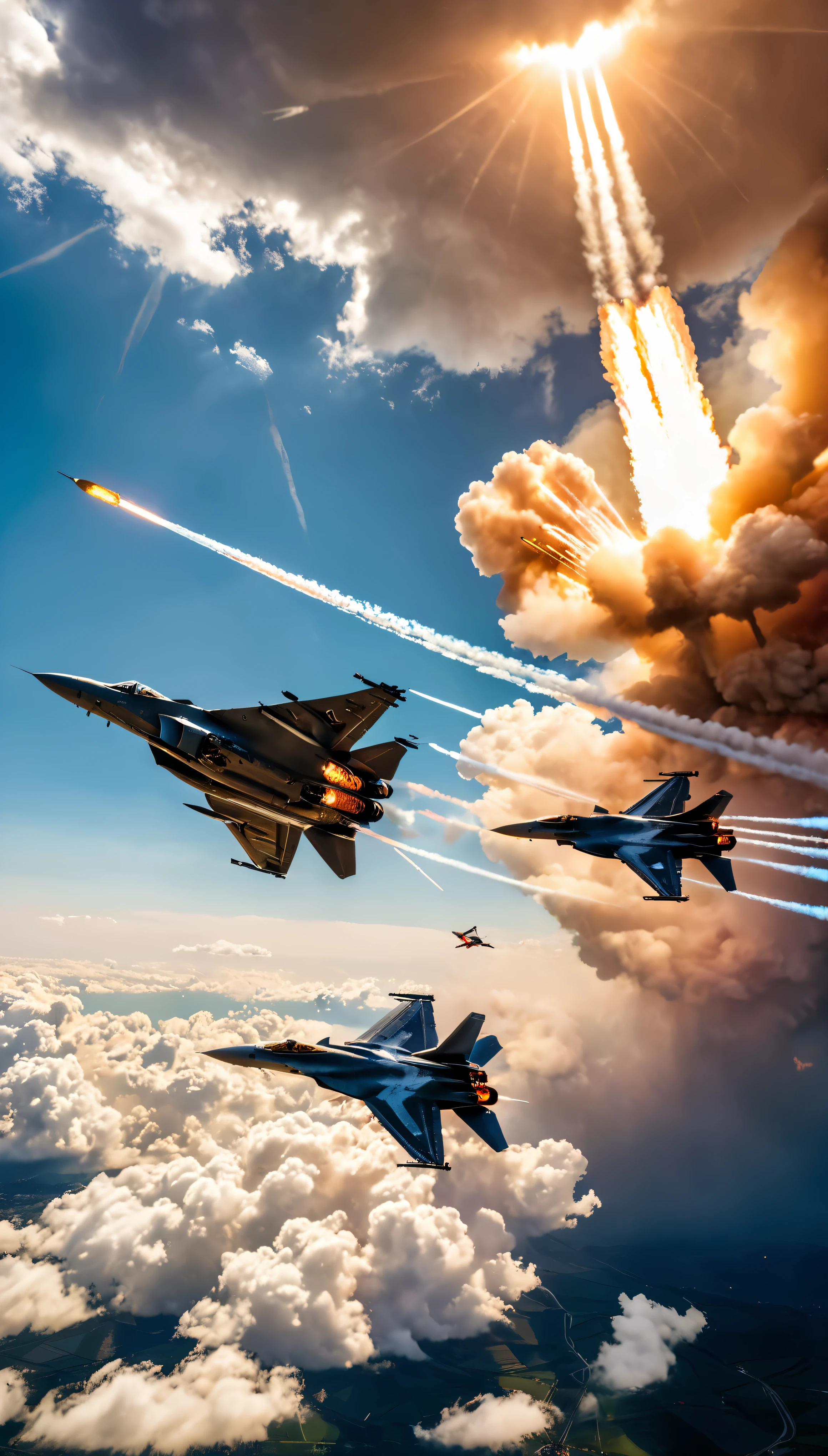 Title: "Aerial Showdown: Modern Fighter Jets Clash" | Generate a wide shot photo capturing a final showdown scene between modern fighter jets engaged in an intense aerial battle. | Ensure the image is RAW and meticulously detailed, with a focus on the fighter jets' intricate design and majestic decals. | Emphasize the realism of the scene, with fighter jets depicted in action, missiles trails, and guns blazing amidst warm colors and dramatic lighting. | Utilize the Tyndall Effect to convey the sunlight penetrating through clouds, adding depth and atmosphere to the composition. | Highlight the golden hour lighting to enhance the mood and intensity of the aerial confrontation. | Optimize the aspect ratio for a perfect fit, ensuring the image is a masterpiece suitable for wallpaper use. | Utilize a Canon EOS R5 with a 50mm lens at F/2.8 to capture the scene in high resolution (8k) with HDR. | Create cinematic lighting effects to add drama and realism, ensuring sharp focus and intricate details are preserved in the final image.