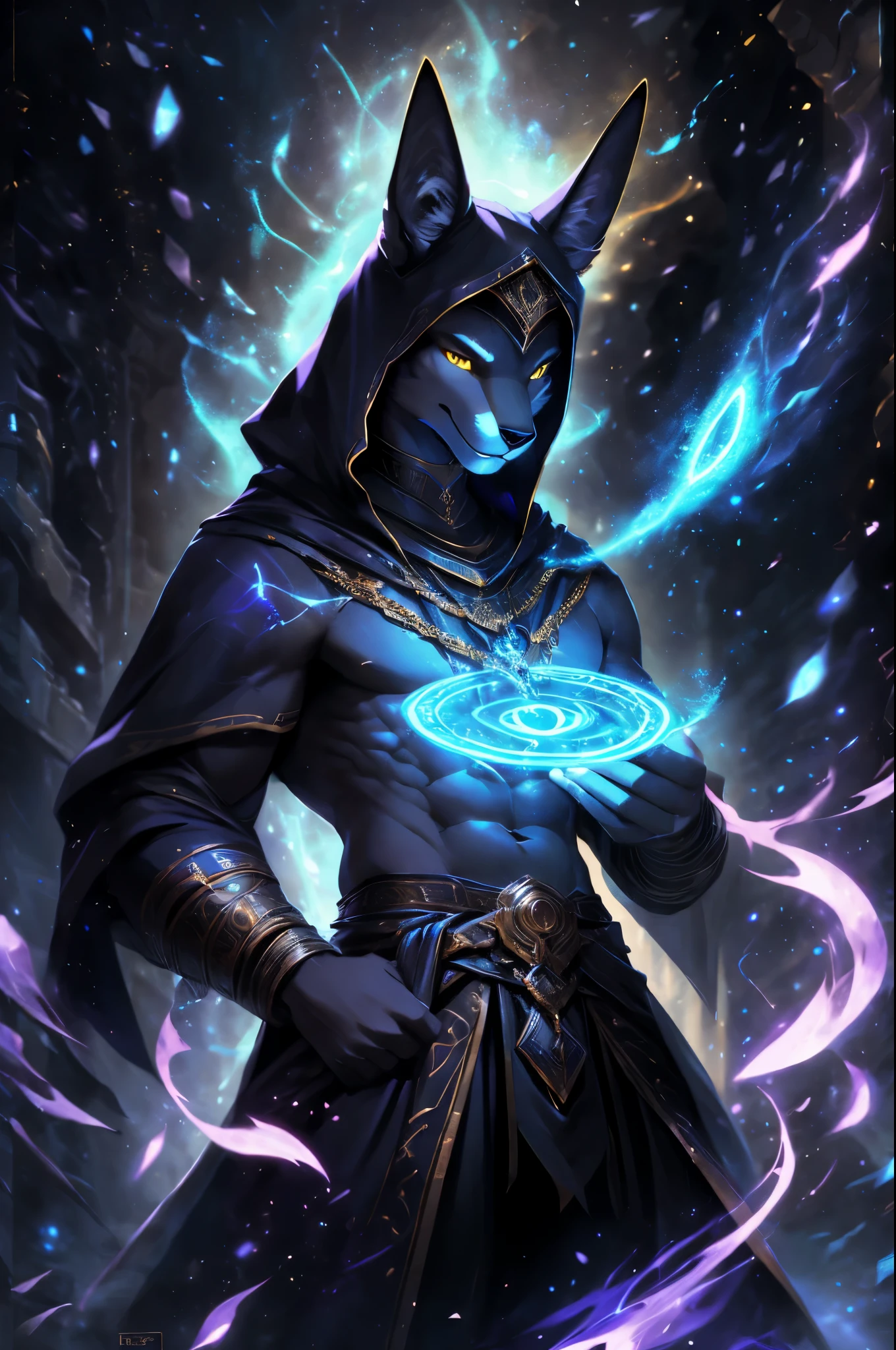 4k, ,8K, A high resolution, best quality, perfect colors, perfect shadows, perfect lighting, posted on e621, (by Chunie), male, furry, Anubis anthro, solo, Yellow eyes, (Realistic eye details 1.2), witch wear, Magic in hand, magic circle, witchcraft, spell magic, magic energy,(Use black magic:1.4), Full body, Full body like, Slim body, abs, delight, Standing up position, cool pose charm, Abstract beauty, ultra detailed face, depth of field, motion blur, high details, high quality, award winning, HD, 16k, (best quality,4k,8k,highres,masterpiece:1.2),ultra-detailed,realistic:1.37,HDR,UHD,studio lighting,extreme detail description,professional,vivid colors,bokeh,lively atmosphere, natural lighting, smile, Looking at camera