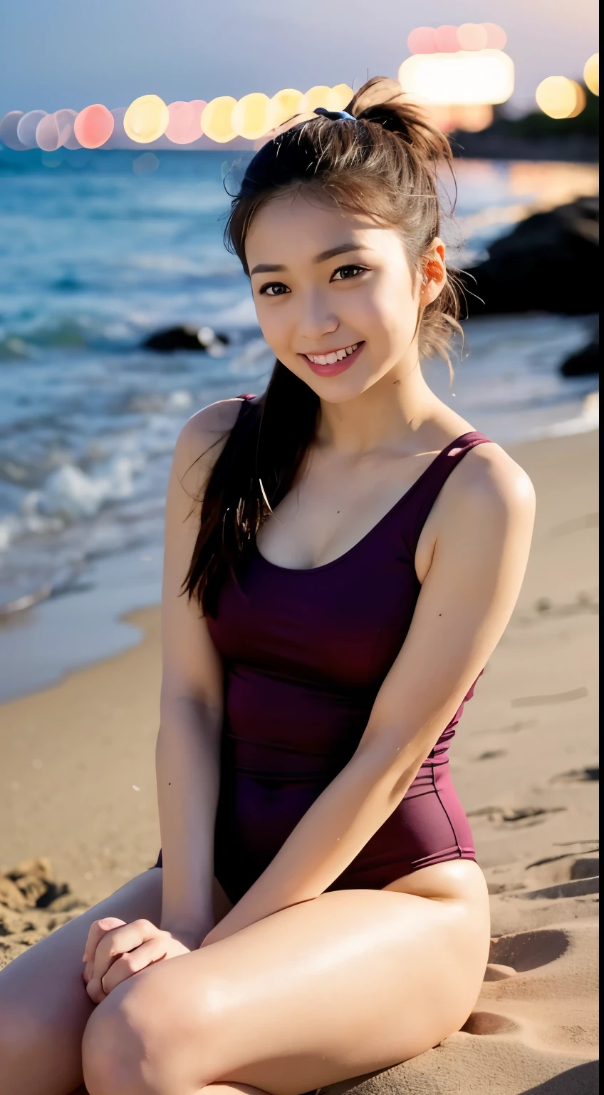 (8k, RAW photo, best quality, masterpiece: 1.2), (realistic, photo-realistic: 1.37), 1 girl, cute, adorable, (red eyes), clear smile, (solo), detailed face, round face, ponytail, thin, big chest, swimsuit, dramatic angle, head tilt, ((head resting on hand)), night lights, paradisiacal beach, sitting on sand, small head, (front),