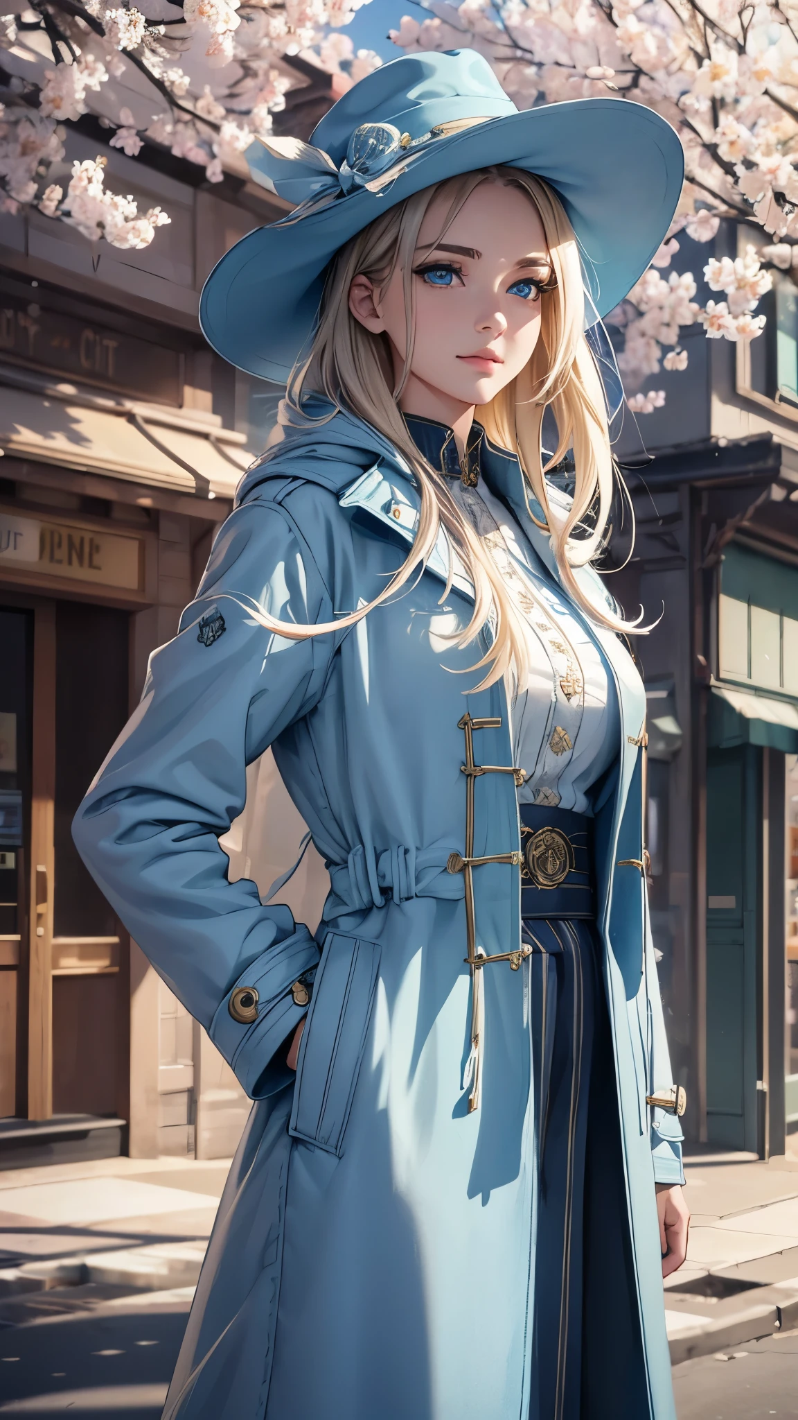 ((highest quality)),(ultra high resolution),(Super detailed),(detailed description),((best CG)),(best work of art),super precision art,amazing drawing art,(Art with precise details:1.5), (1 adult female:1.6),(beautiful and well-shaped face:1.5),smile:1.6,makeup:1.4,(A detailed coat:1.8),(Light blue eyes:1.6),(stylish hat:1.4), (A street corner in early spring where the cold continues:1.5)