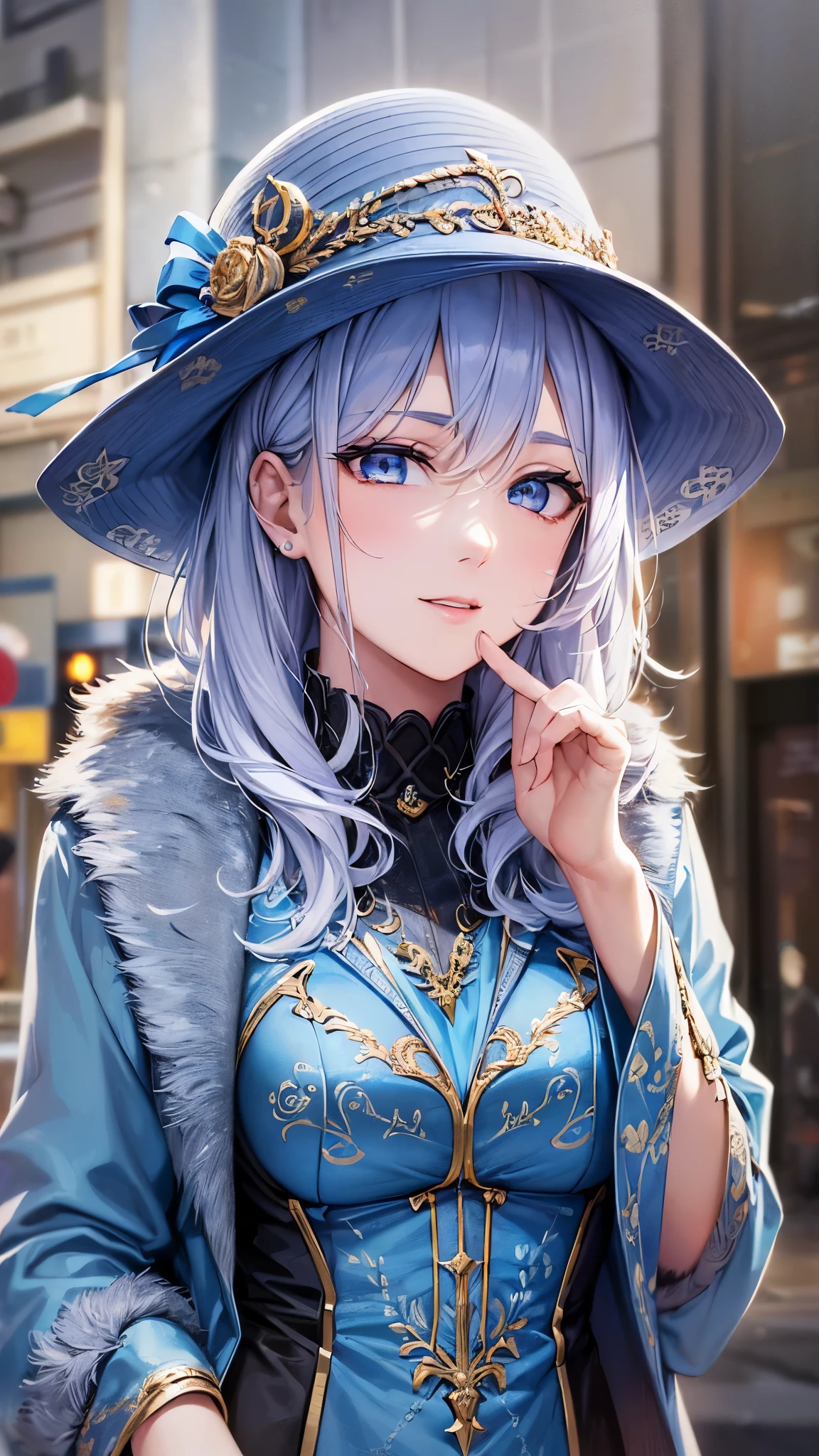 ((highest quality)),(ultra high resolution),(Super detailed),(detailed description),((best CG)),(best work of art),super precision art,amazing drawing art,(Art with precise details:1.5), (1 adult female:1.6),(beautiful and well-shaped face:1.5),smile:1.6,makeup:1.4,(A detailed coat:1.8),(Light blue eyes:1.6),(stylish hat:1.4), (A street corner in early spring where the cold continues:1.5)