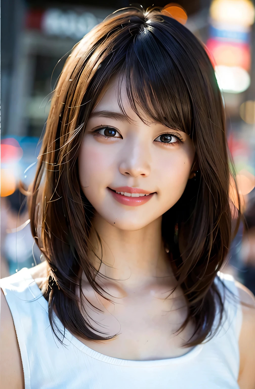 (8k、RAW photo、highest quality、masterpiece:1.2)、(realistic、Photoreal:1.37)、Super detailed、超A high resolution、1 girl、see the beholder、beautiful and detailed face、laughter、narrow、(slim waist) :1.3)、Fine and beautiful skin、skin texture、floating hair、professional lighting、as a whole human body、long hair、blonde、Along Koen-dori、short cut hair、cheerful smile、
