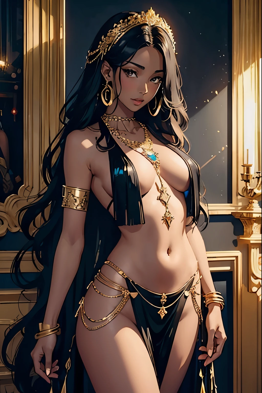 best quality, nsfw, extremely beautiful, beautiful face, long wavy dark hair, (Woman Dark : 1.6), (Dark skin : 1.6), (Shiny skin : 1.6), big breasts, long sexy black and gold dress neckline navel, black and gold breast curtains, long black and gold open_front_skirt, arousal pose, (Accessories: gold-plated chains with torn body : 1.2), (extremely long necklace that goes down to the navel : 1.5), gold leaf shaped hair brooch