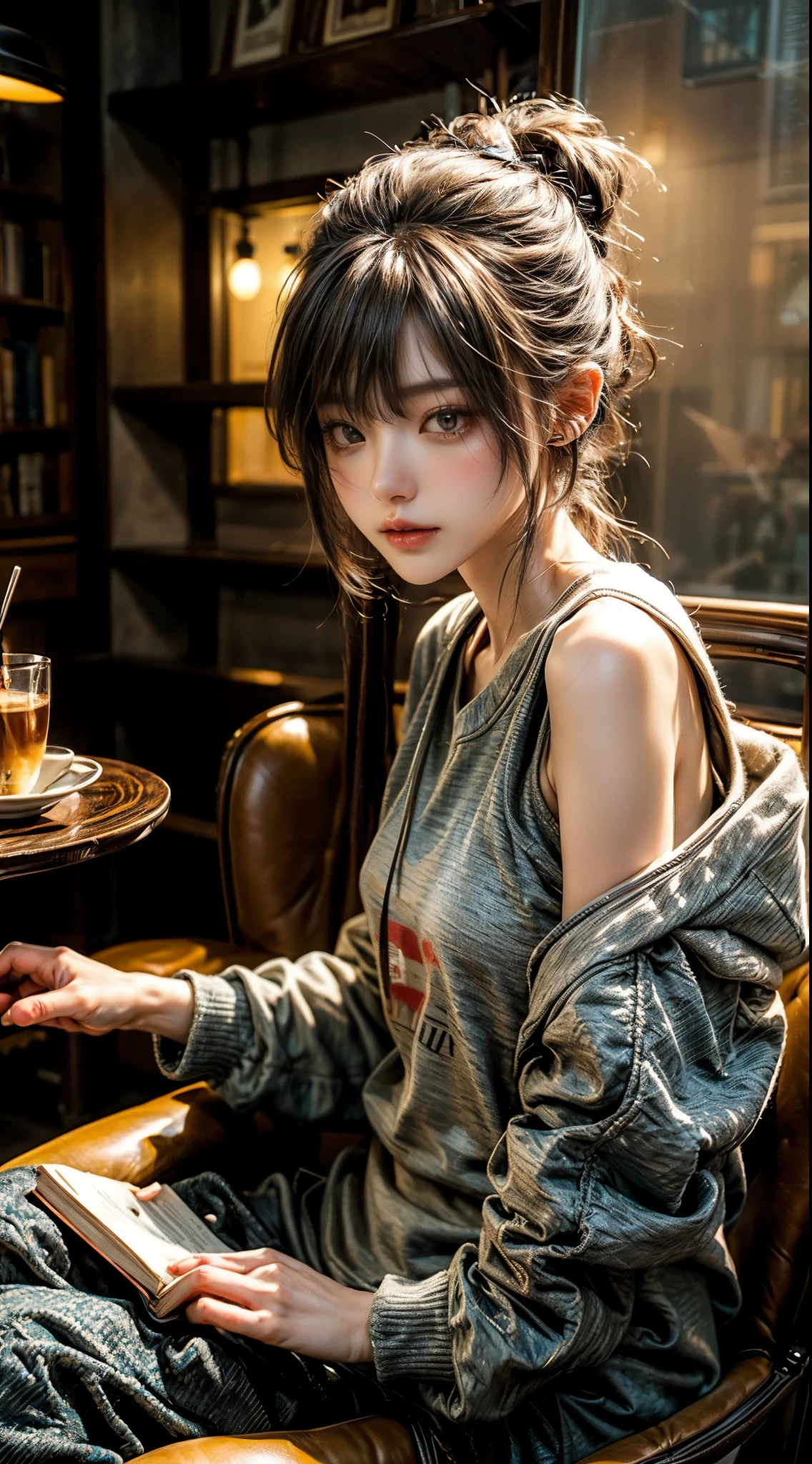 Cafeでイヤホンを着けているアラフェデの女性, fleeting woman, with earphones, Kantai Collection Style, soft lighting, with earphones, sportswear, white sweatshirt,anime moe art style,read,((彼らはBookにとても集中しています:1.5)),,slim body shape,highly detailed eyes and face、beautiful and detailed eyes,beautiful skin,small details、smooth hair,thin hair,very thin hair,cool makeup,low eyebrows、Whitening effect,fine skin,(Cafe),((Cafeでreadしている)),sit on a chair,relax,relaxation,sofa,Book,read,white sweatshirt,Bookを見る