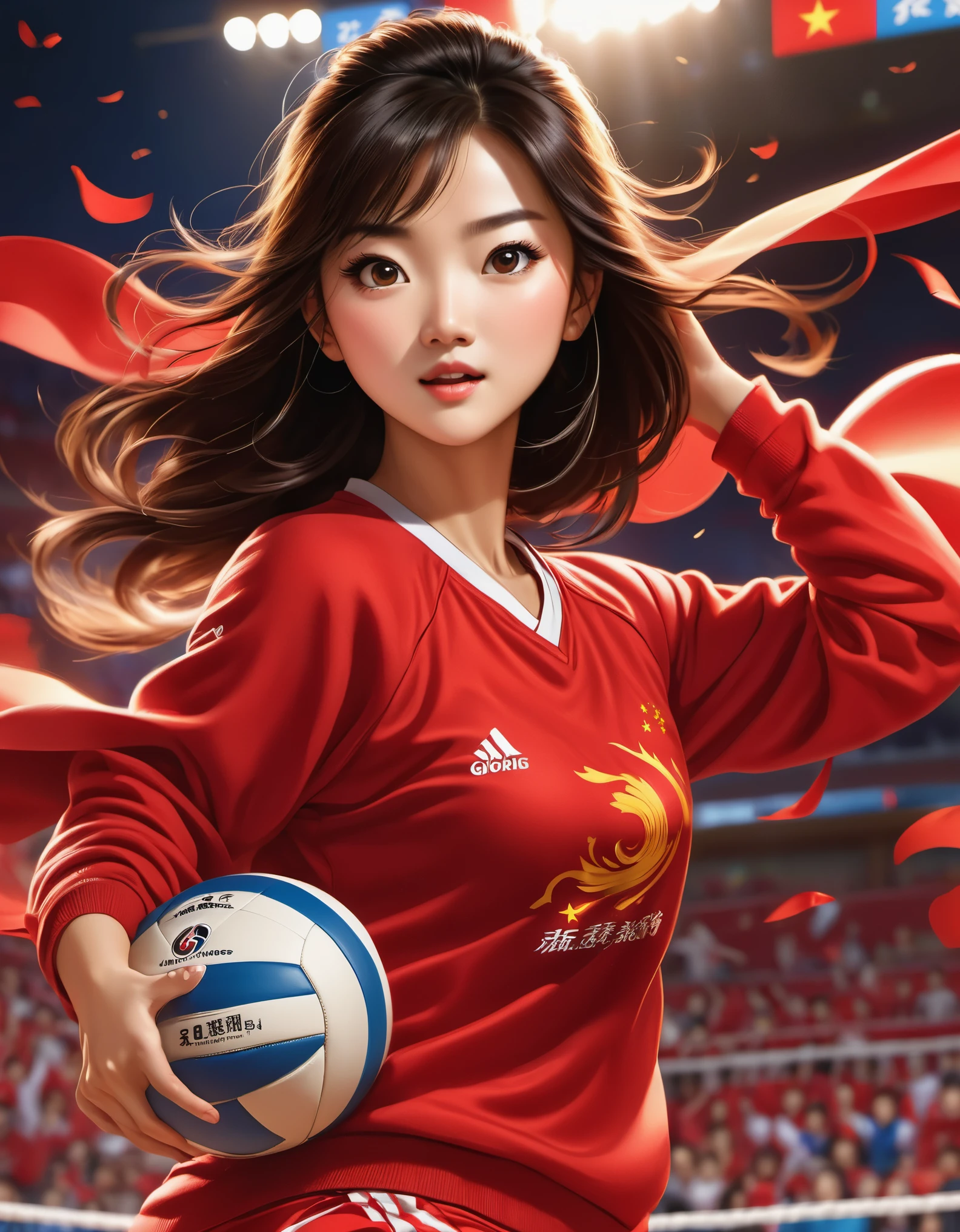 Chinese girl in red blouse is smashing vigorously, Lang Ping,sweatshirt with "china" ,Dynamic smash action,A determined expression,Volleyball matches,background:Champion trophy, China poster,animation, Studio Ghibli, Detailed illustrations, official art, Kavasi style, 32k,night, HD wallpapers,Selective focusing, Documentary style,