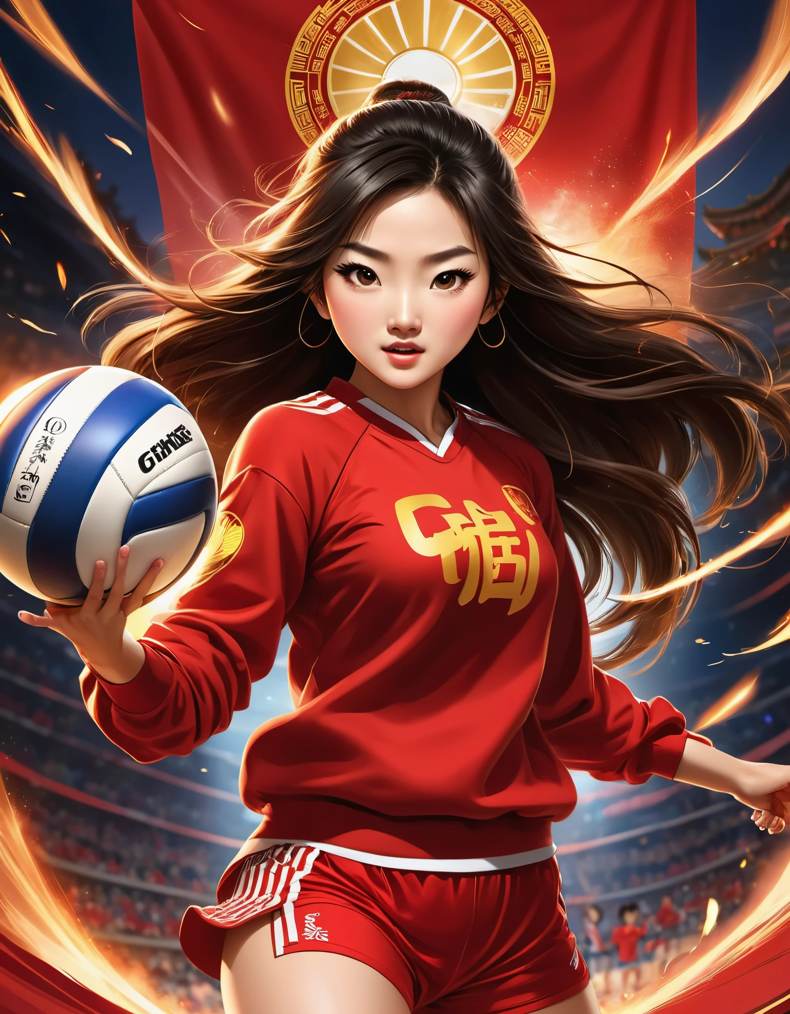 Chinese girl in red blouse is smashing vigorously, Lang Ping,sweatshirt with "china" ,Dynamic smash action,A determined expression,Volleyball matches,background:Champion trophy, China poster,animation, Studio Ghibli, Detailed illustrations, official art, Kavasi style, 32k,night, HD wallpapers,Selective focusing, Documentary style,