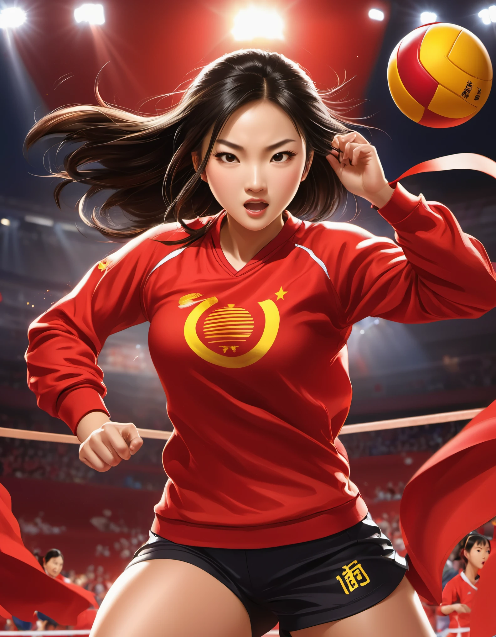 Chinese girl in red blouse is smashing vigorously， Looks a lot like Chinese athlete Lang Ping，sweatshirt with "china" ，Dynamic smash action，A determined expression，Volleyball matches,background：Champion trophy， China poster,animation, Studio Ghibli, Detailed illustrations, official art, Kavasi style, 32k，night, HD wallpapers，Selective focusing, Documentary style,