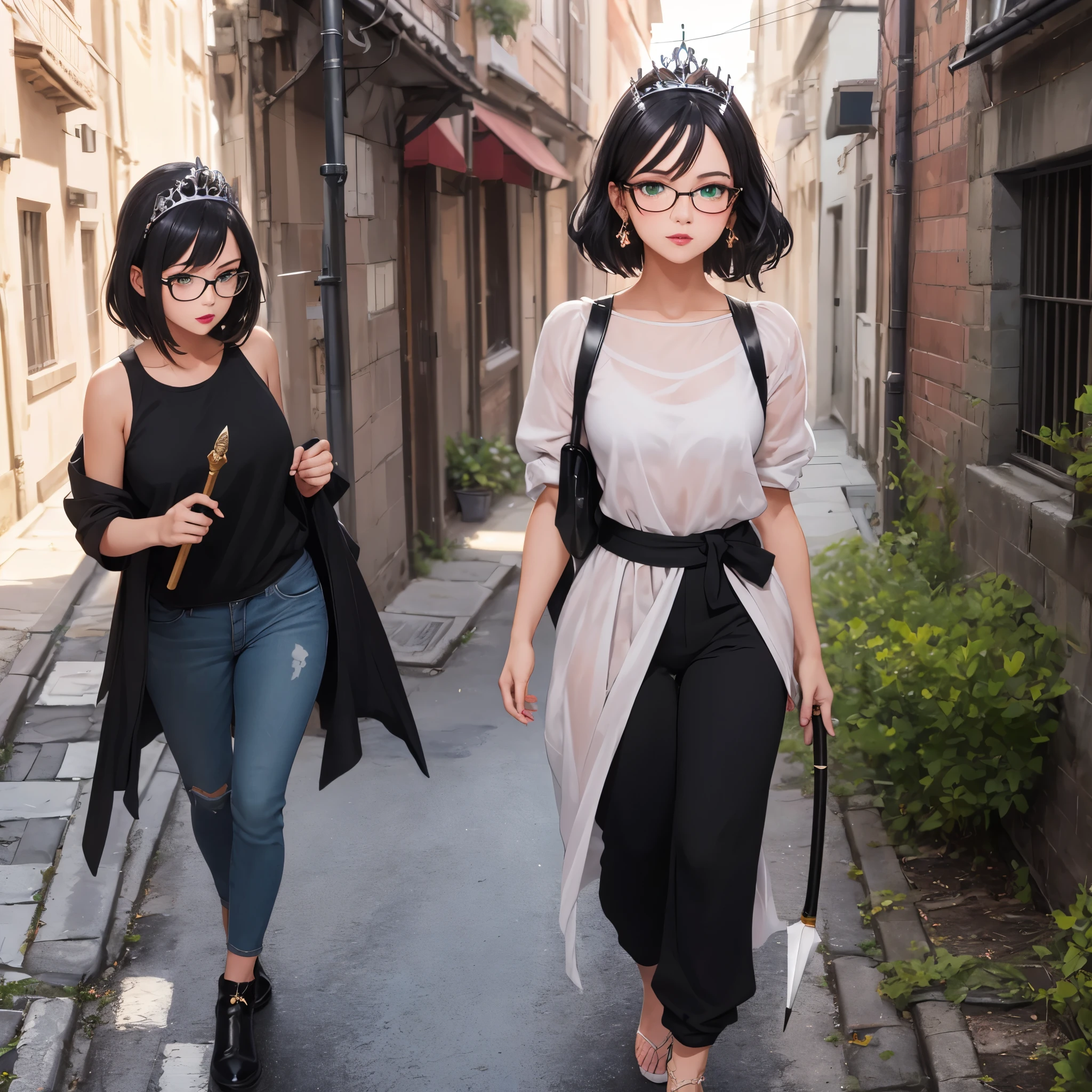 ((best quality)), ((masterpiece)), (detailed), perfect face a beautiful white-toned girl with black and silver hair wearing glasses and tight golden clothes, blue eyes, glossy skin. detailed skin, pink lips with a spear in hand a tiara on her head, full body sitting on a throne  in a castle showing  her beauty from the bottom angle