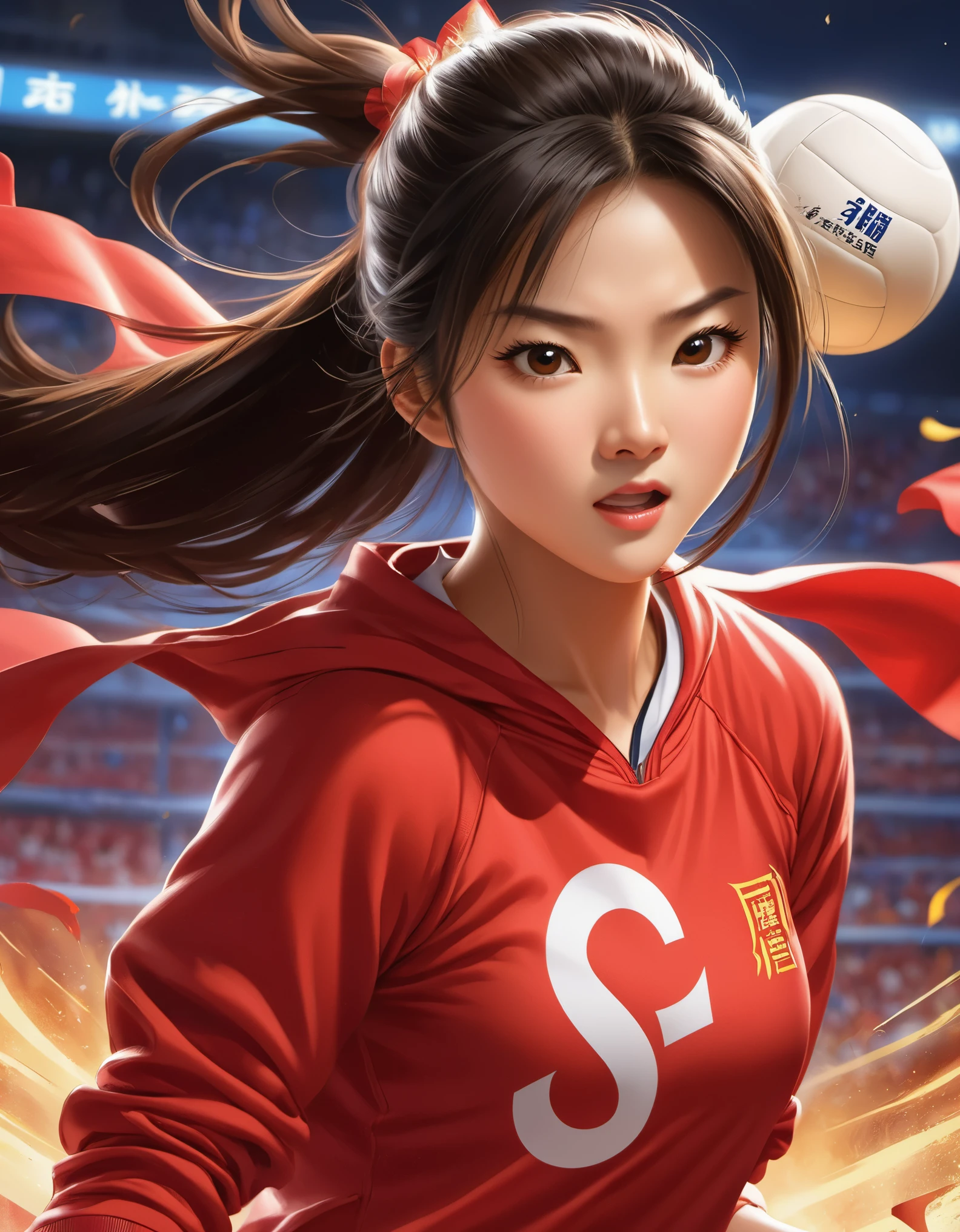 Chinese girl in red blouse is smashing vigorously, Looks a lot like Chinese athlete Lang Ping,sweatshirt with "china" ,Dynamic smash action,A determined expression,Volleyball matches,background:Champion trophy, China poster,animation, Studio Ghibli, Detailed illustrations, official art, Kavasi style, 32k,night, HD wallpapers,Selective focusing, Documentary style,
