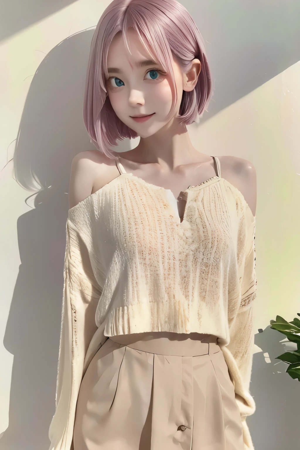 (highest quality,masterpiece:1.2,super detailed), cute, 1 girl, detailed and beautiful eyes, (droopy eyes), dense and beautiful lips, Alternative hair colors, gradient hair, short hair, short skirt, soft lighting, Bright colors, (happy expression), Turning, tilt head, mouth is slightly open, 