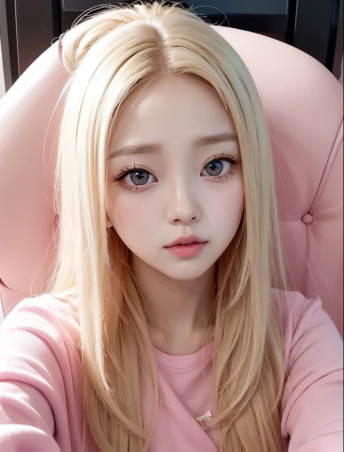 A young pretty 22 year old girl with light blonde hair sitting in a gaming chair, Pink Room, ropa estilo Coquette, Sweet conejita, chica linda, very tender asian girl with pale skin, ojos grandes, labios gruesos, ropa rosada y linda, ella tiene el cabello largo y blanco, her face is pretty like a baby, se parece a Jang Wonyoung de ive, has big eyes and small mouth, labios gruesos, cabello de color blanco.