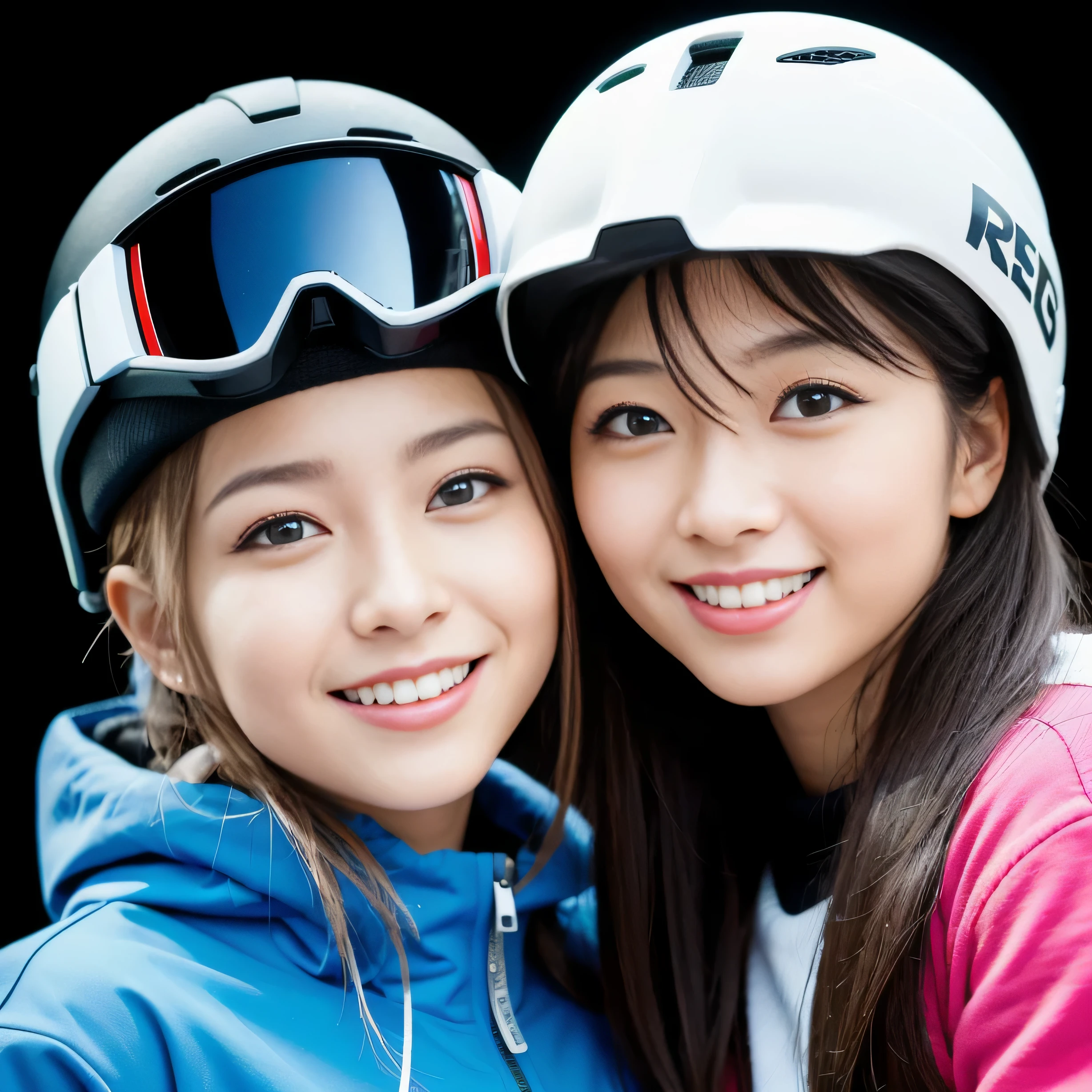 Japanese college student, a picture of 2 women, highest quality, shape, Super detailed, finely, High resolution, 8k wallpaper, 完璧なダイナミックな構shape, beautiful and detailed eyes, natural lip, whole body,((ski helmet))(((The background is a ski resort)))(((wear ski wear)))(((gentle smile)))((whole bodyのイメージ)))(((Two people smiling at the ski resort)))(((full shot)))