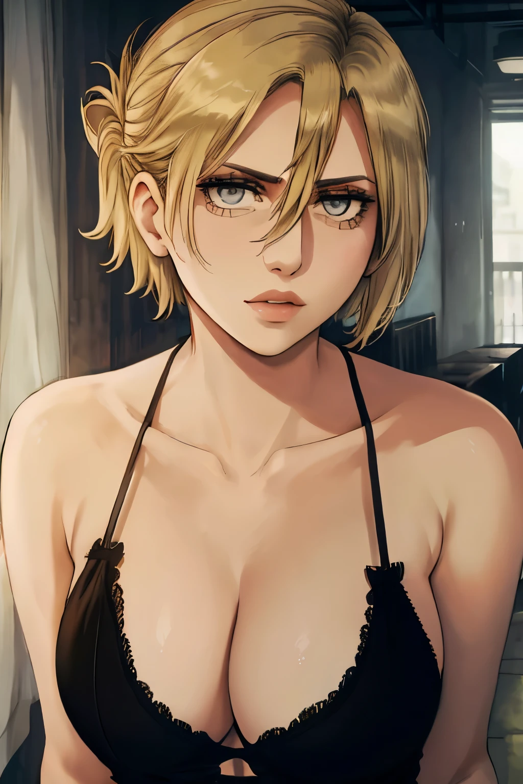 1girl, annie leonhart, (black hair:1.3), hair between eyes, short hair, sideburns, gray eyes, lips, cleavage, big breasts, close up, solo, lips, masterpiece, best quality,