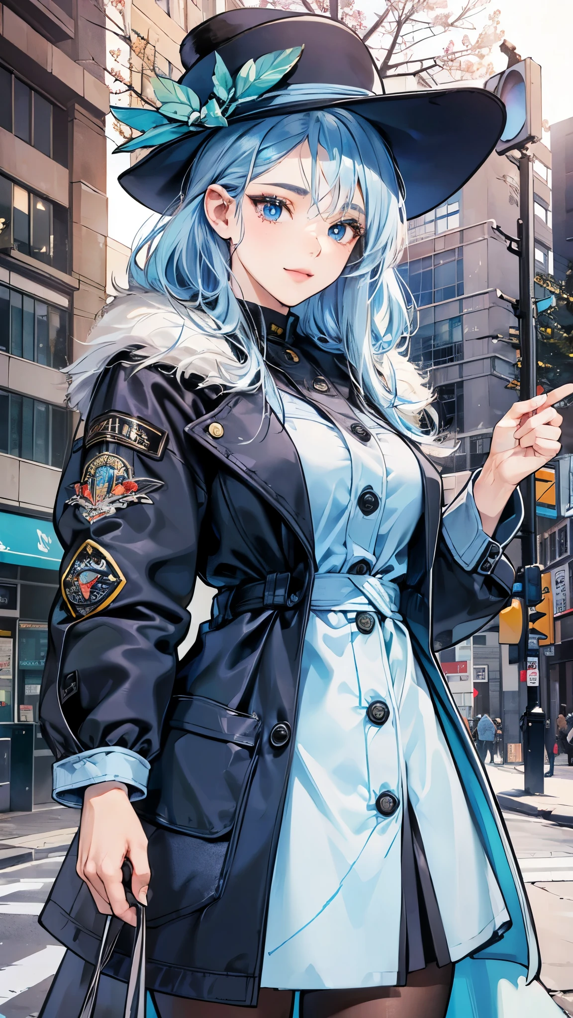 ((highest quality)),(ultra high resolution),(Super detailed),(detailed description),((best CG)),(best work of art),super precision art,amazing drawing art,(Art with precise details:1.5), (1 adult female:1.6),(beautiful and well-shaped face:1.5),smile:1.6,makeup:1.4,(A detailed coat:1.8),(Light blue eyes:1.6),(stylish hat:1.4), (A street corner in early spring where the cold continues:1.5)