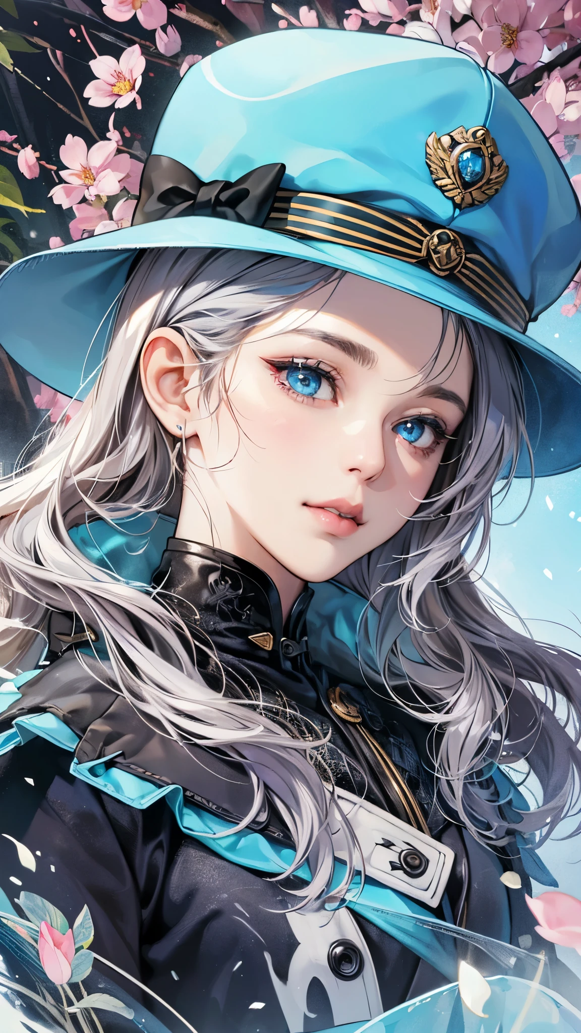 ((highest quality)),(ultra high resolution),(Super detailed),(detailed description),((best CG)),(best work of art),super precision art,amazing drawing art,(Art with precise details:1.5), (1 adult female:1.6),(beautiful and well-shaped face:1.5),smile:1.6,makeup:1.4,(A detailed coat:1.8),(Light blue eyes:1.6),(stylish hat:1.4), (A street corner in early spring where the cold continues:1.5)