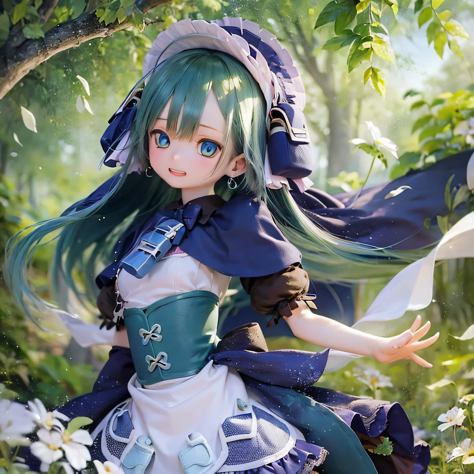 (highest quality, High resolution, masterpiece:1.2),super detailed,realistic:1.37,Maluluk from Made in Abyss,detailed and beautiful eyes,dense and beautiful lips,highly detailed eyes and face,long eyelashes,blue hair,curly hair,innocent look,smiled a little,white dress,Vibrant flowers in a lush garden々Standing in the,Butterflies are flying around,Soft sunlight illuminates her,emerald green grass,petals scattered on the ground,The endless blue sky in the background,A breeze rustling through her hair.dance